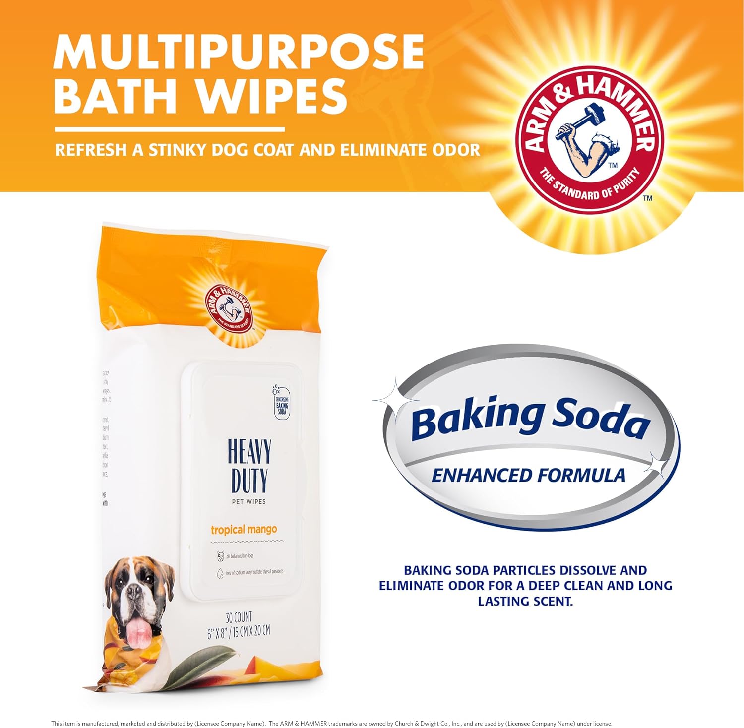 مناديل استحمام متعددة الأغراض من Arm Hammer for Pets للكلاب، بحجم مناسب للسفر، برائحة المانجو | مناديل متعددة الأغراض للكلاب لإزالة الروائح وتنشيط البشرة للحيوانات الأليفة | عبوة من 30 قطعة من مناديل السفر للحيوانات الأليفة
