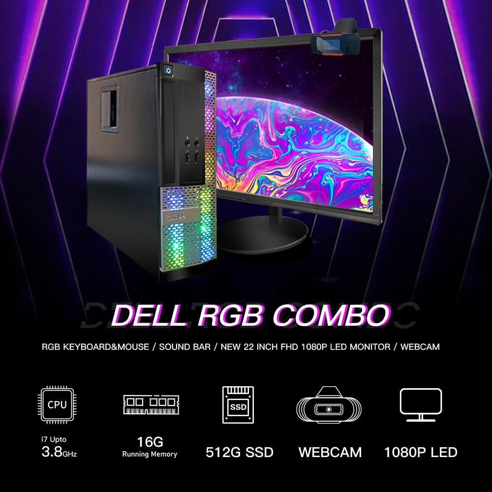 Dell OptiPlex RGB Desktop Computer PC, Intel Core i7 up to 3.8GHz, 16G RAM, 512G SSD, New 22 inch FHD LED Monitor, RGB Keyboard and Mouse, RGB BT Sound Bar, Webcam, WiFi, BT 5.0, W10P64 (Renewed) · v6