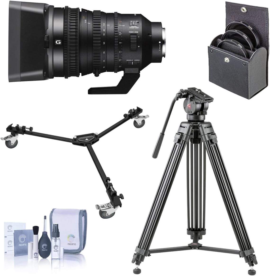 Obiettivo Sony E PZ 18-110 mm f/4.0 G OSS per Sony E, pacchetto con treppiede video 3Pod V3AH e testina fluida a 2 vie, carrello per treppiede VT-2, kit filtri da 95 mm, kit di pulizia