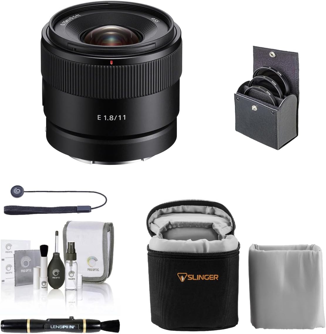 Sony E 11mm f/1.8 Lens for Sony E, Bundle with ProOptic 55mm Filter Kit, Lens Case, Lens Cleaner, Cleaning Kit, Lens Cap Tether