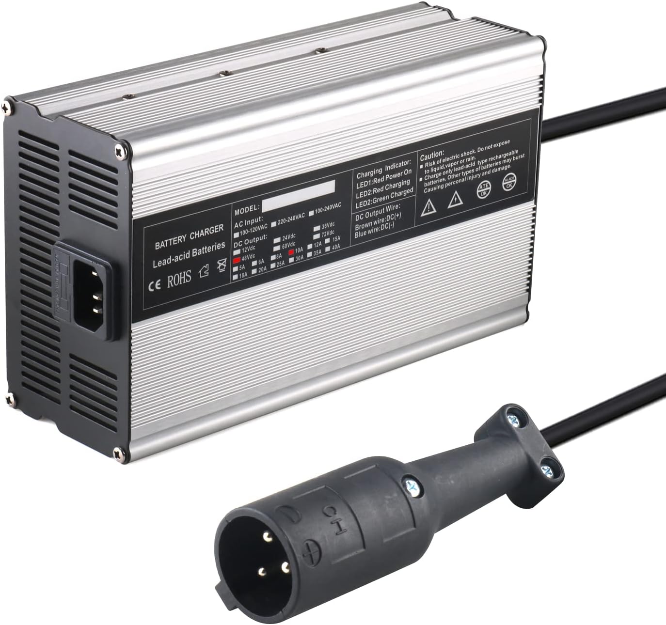 JFX 48V 10A Battery Charger 48V Power Supply for 48V Club Car Golf Carts Battery with 3-Pin Round Plug（Only Charge Lead-Acid Battery · v3