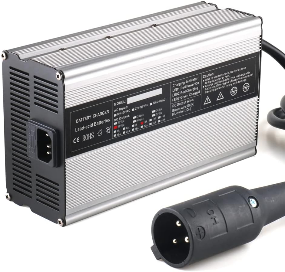 JFX 48V 10A Battery Charger 48V Power Supply for 48V Club Car Golf Carts Battery with 3-Pin Round Plug（Only Charge Lead-Acid Battery · v3