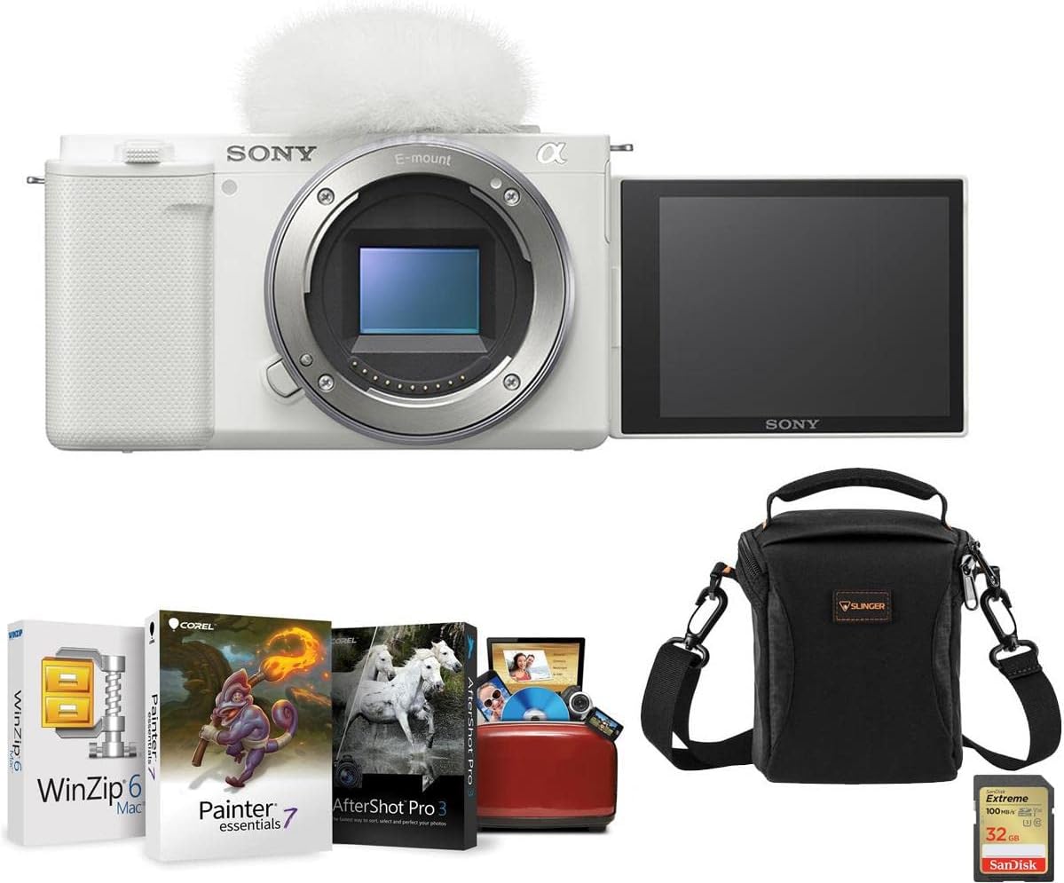 Sony ZV-E10 Mirrorless Camera, White Bundle with Corel PC Software Suite, 32GB SD Card, Shoulder Bag