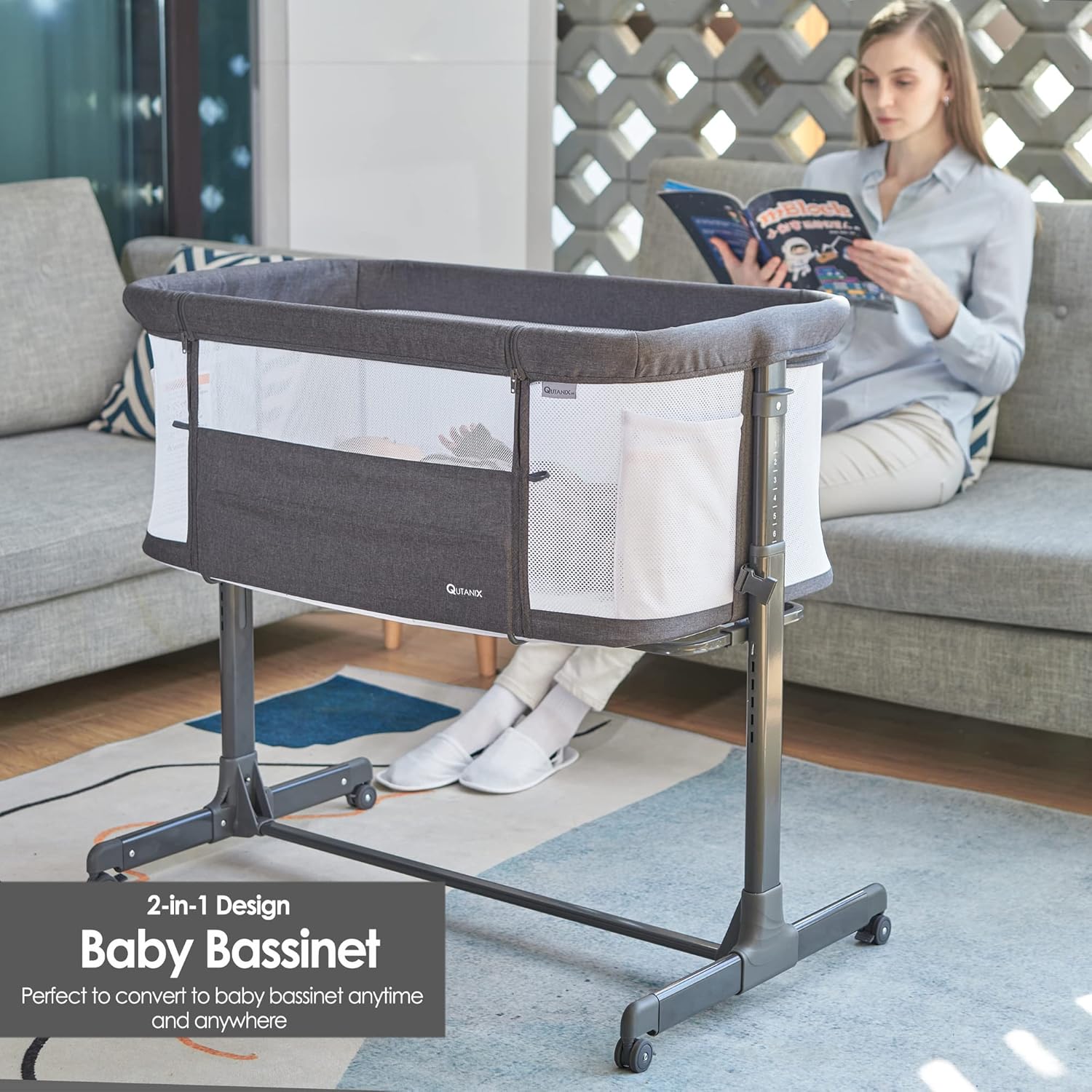 Baby Bassinet Bedside Sleeper with Wheels,Easy Folding Lightweight Crib for Baby/Infants,Breathable Mesh and Adjustable Height - Grey · v2