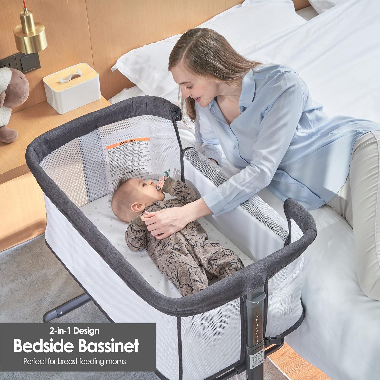 Baby Bassinet Bedside Sleeper with Wheels,Easy Folding Lightweight Crib for Baby/Infants,Breathable Mesh and Adjustable Height - Grey · v2