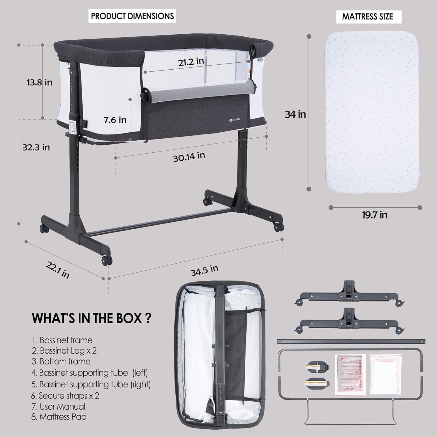Baby Bassinet Bedside Sleeper with Wheels,Easy Folding Lightweight Crib for Baby/Infants,Breathable Mesh and Adjustable Height - Grey · v2