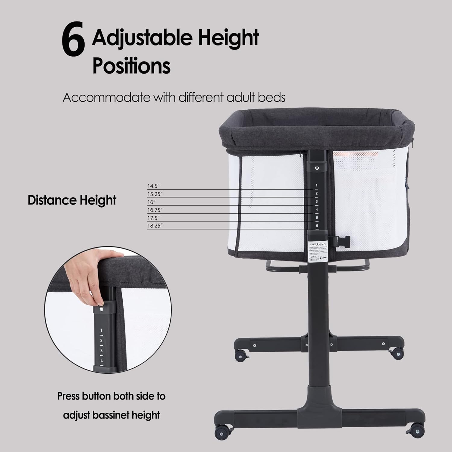 Baby Bassinet Bedside Sleeper with Wheels,Easy Folding Lightweight Crib for Baby/Infants,Breathable Mesh and Adjustable Height - Grey · v2