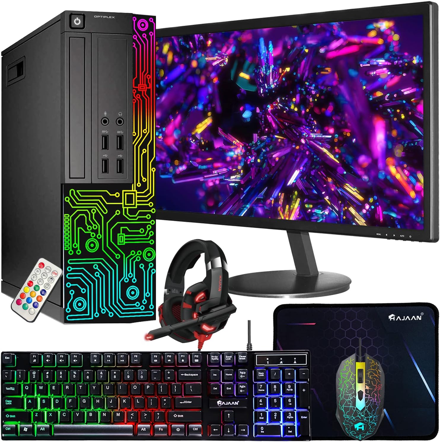 Dell OptiPlex Desktop RGB Computer PC, Intel i5 Quad-Core Processor, 16GB RAM, 512GB SSD, 24 Inch HDMI Monitor, RGB Keyboard Mouse and Headset, WiFi, Windows 10 Pro (Renewed)