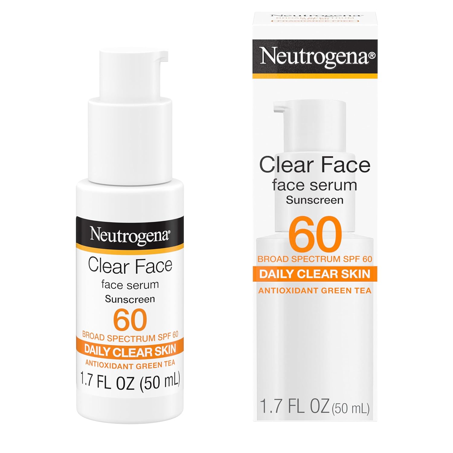 Neutrogena Clear Face Serum Sunscreen with Green Tea, Broad Spectrum SPF 60, Non-Comedogenic Face Sunscreen for Lightweight UVA/UVB Protection, Oxybenzone-  Fragrance-Free, 1.7 fl. oz