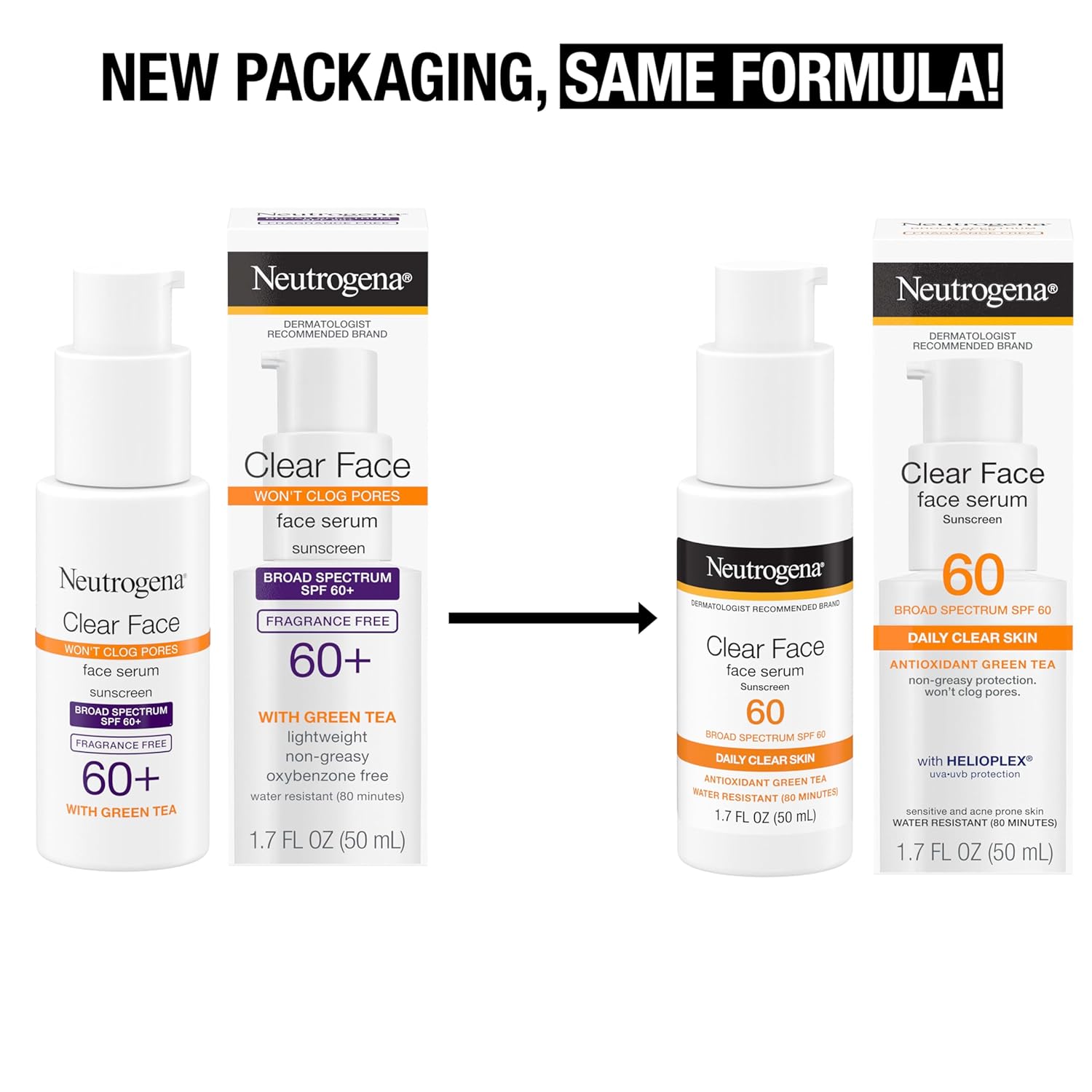 Neutrogena Clear Face Serum Sunscreen with Green Tea, Broad Spectrum SPF 60, Non-Comedogenic Face Sunscreen for Lightweight UVA/UVB Protection, Oxybenzone-  Fragrance-Free, 1.7 fl. oz · v2
