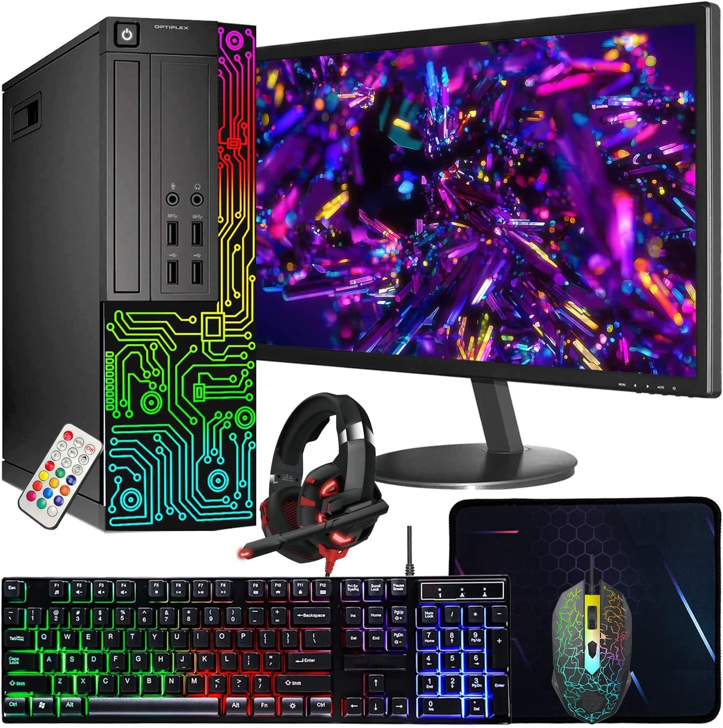 Dell Optiplex Small Desktop Computer (SFF) PC | Quad Core Intel i5 (3.2GHz) | 16GB DDR3 RAM | 512GB SSD | 24 Inch Monitor | RGB Gaming Keyboard  Mouse, Headset | Windows 10 Pro (Renewed)