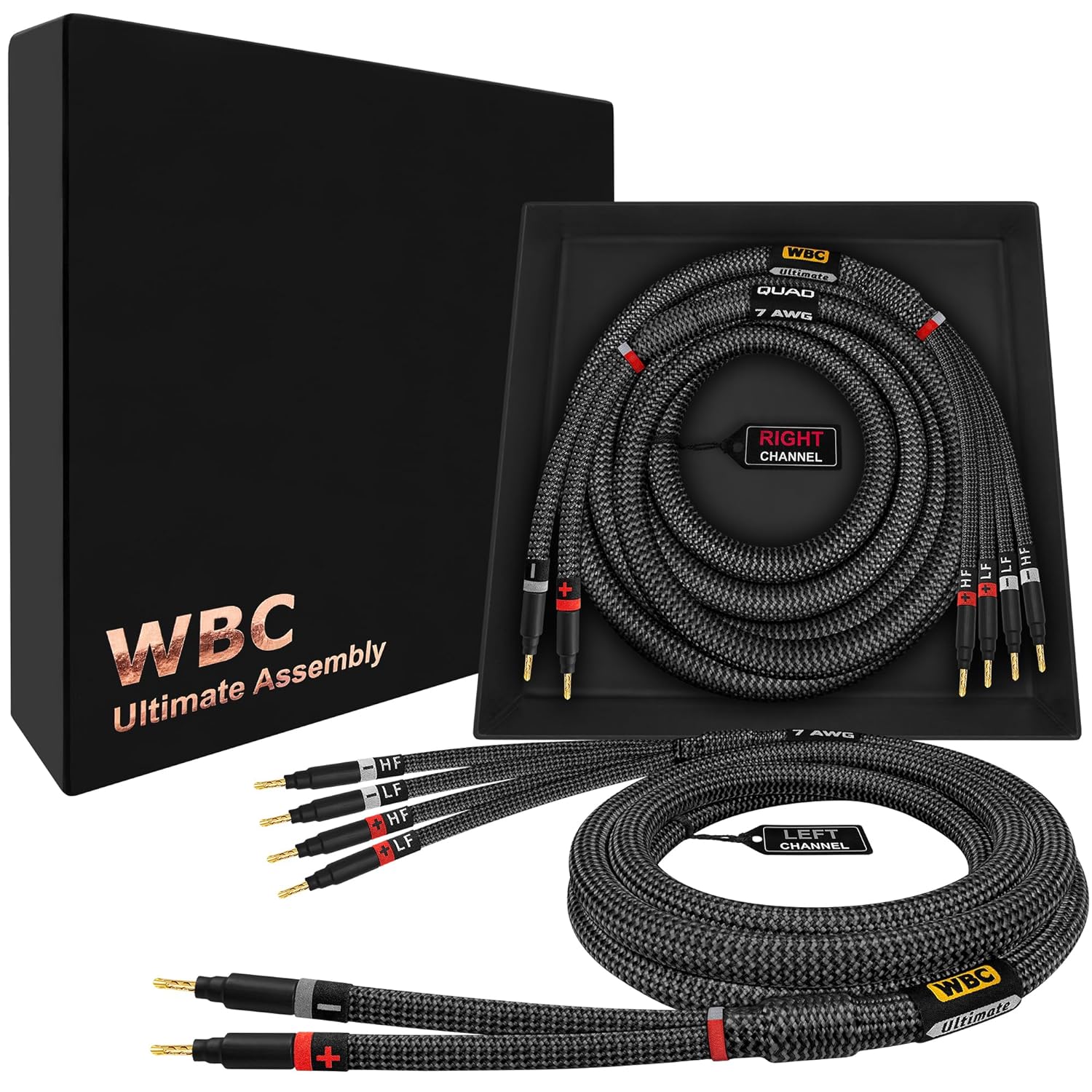 DIE BESTEN KABEL DER WELT, 8 Foot Ultimate — 7 AWG — Ultra-Pure OFC — Extra hochwertiges audiophiles HiFi-Bi-Wire-Lautsprecherkabel, Paar mit Eminence Gold Banana Plugs, Ummantelung aus Karbon-Tweed