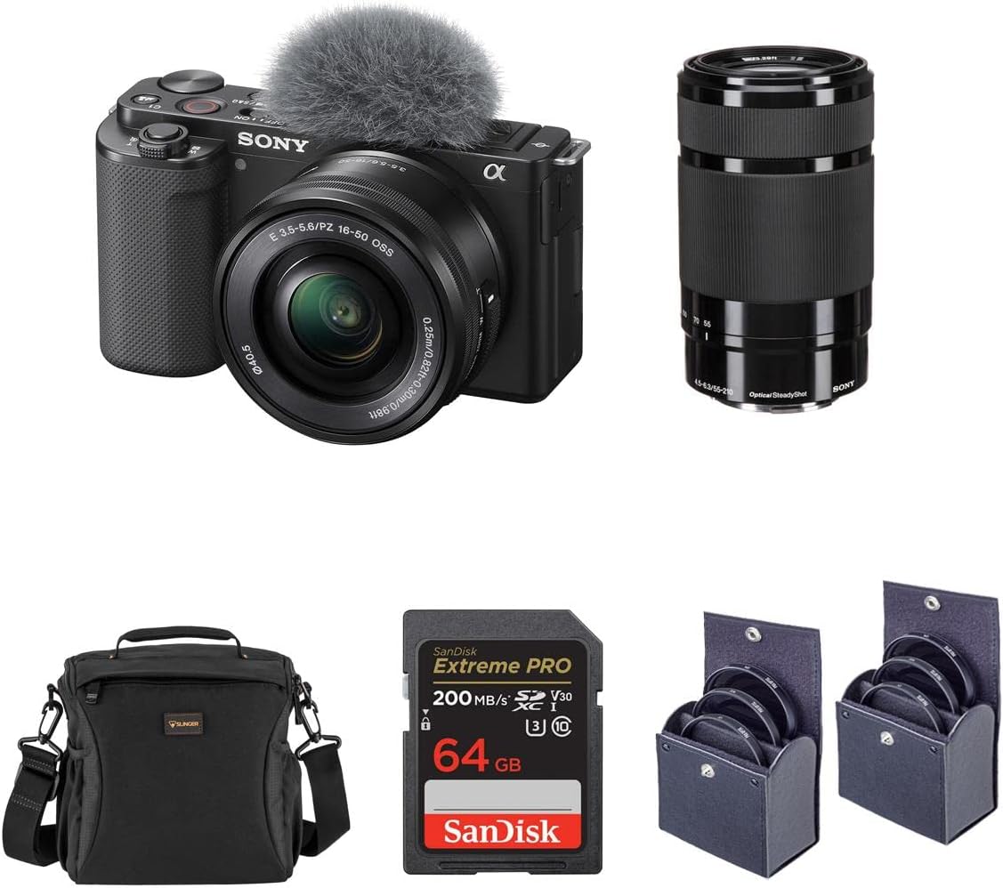 Sony ZV-E10 Mirrorless Vlog Camera with 16-50mm Lens, Black - Bundle with E 55-210mm f/4.5-6.3 OSS Lens, 64GB SD Card, Shoulder Bag, 49mm Filter Kit, 40.5mm Filter Kit