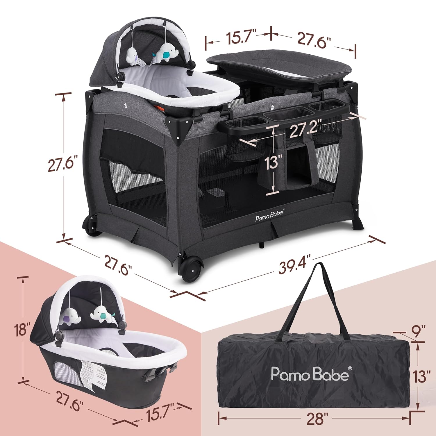Pamo Babe Deluxe Nursery Center, Foldable Playard for Baby  Toddler, Bassinet, Mattress, Changing Table for Newborn(Black)