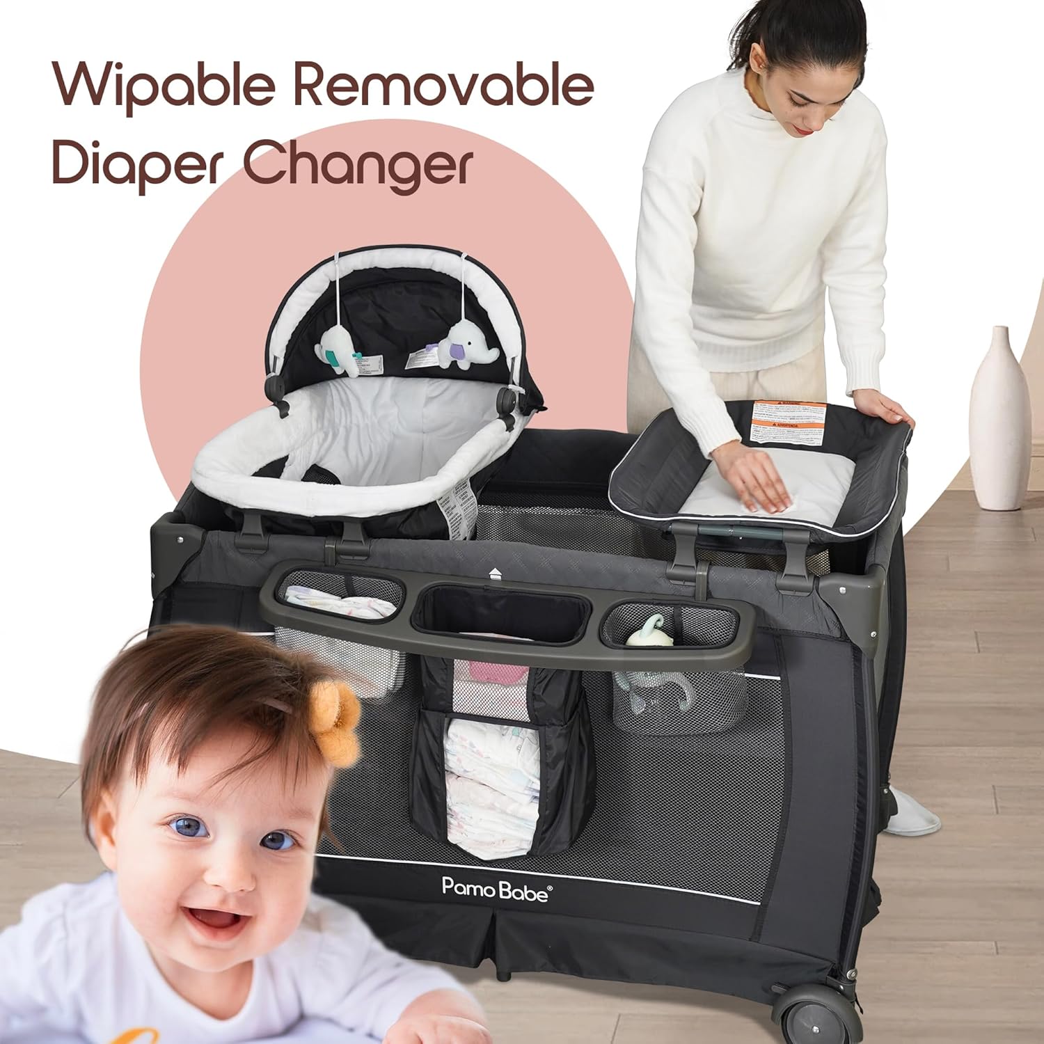 Pamo Babe Deluxe Nursery Center, Foldable Playard for Baby  Toddler, Bassinet, Mattress, Changing Table for Newborn(Black)