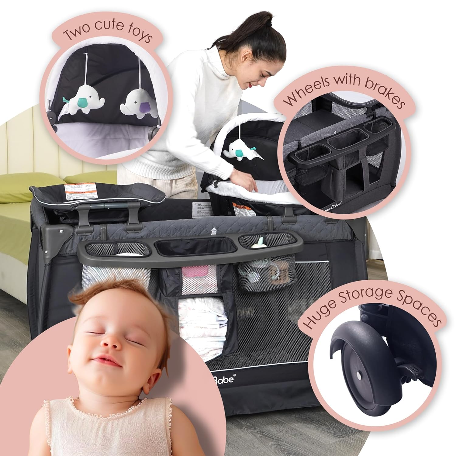 Pamo Babe Deluxe Nursery Center, Foldable Playard for Baby  Toddler, Bassinet, Mattress, Changing Table for Newborn(Black)