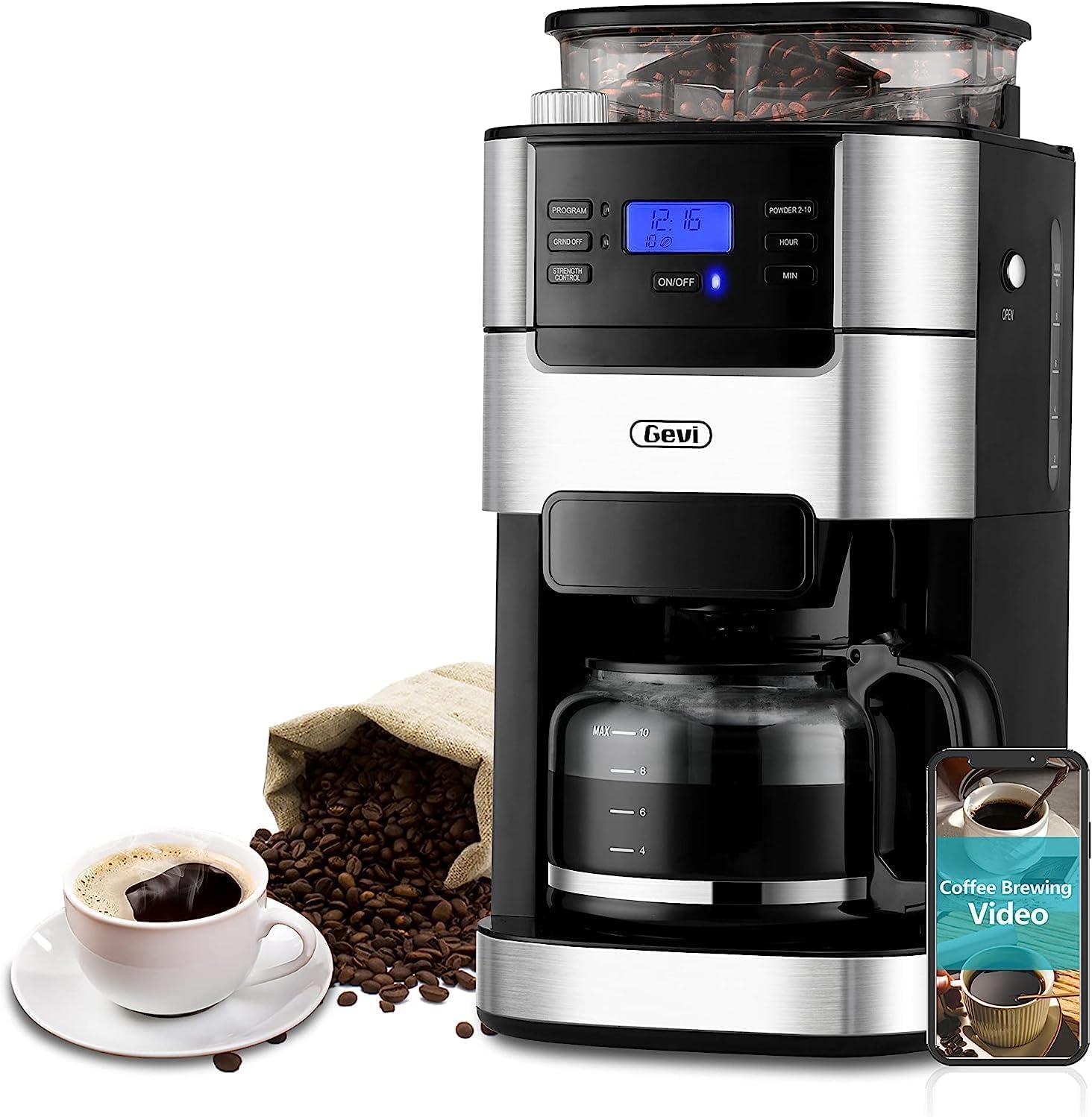 Gevi 10-Cup Coffee Maker with Grinder, Programmable Grind  Brew, 1.5L Water Reservoir, Keep Warm Plate Coffee Machine and Burr Grinder Combo