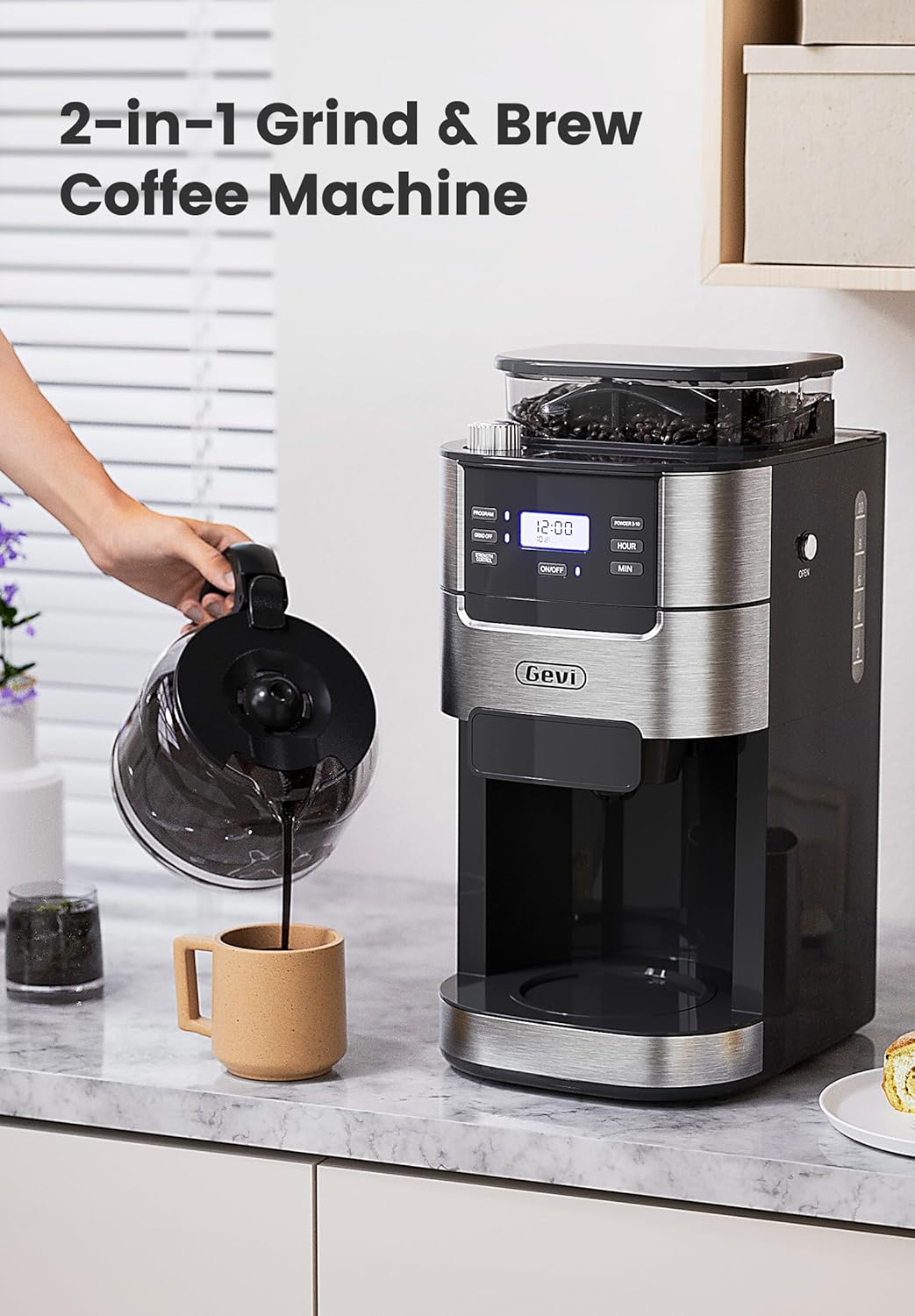 Cafetière Gevi 10 tasses avec moulin, infusion programmable, réservoir d'eau de 1,5 l, machine à café Keep Warm et moulin à bavures