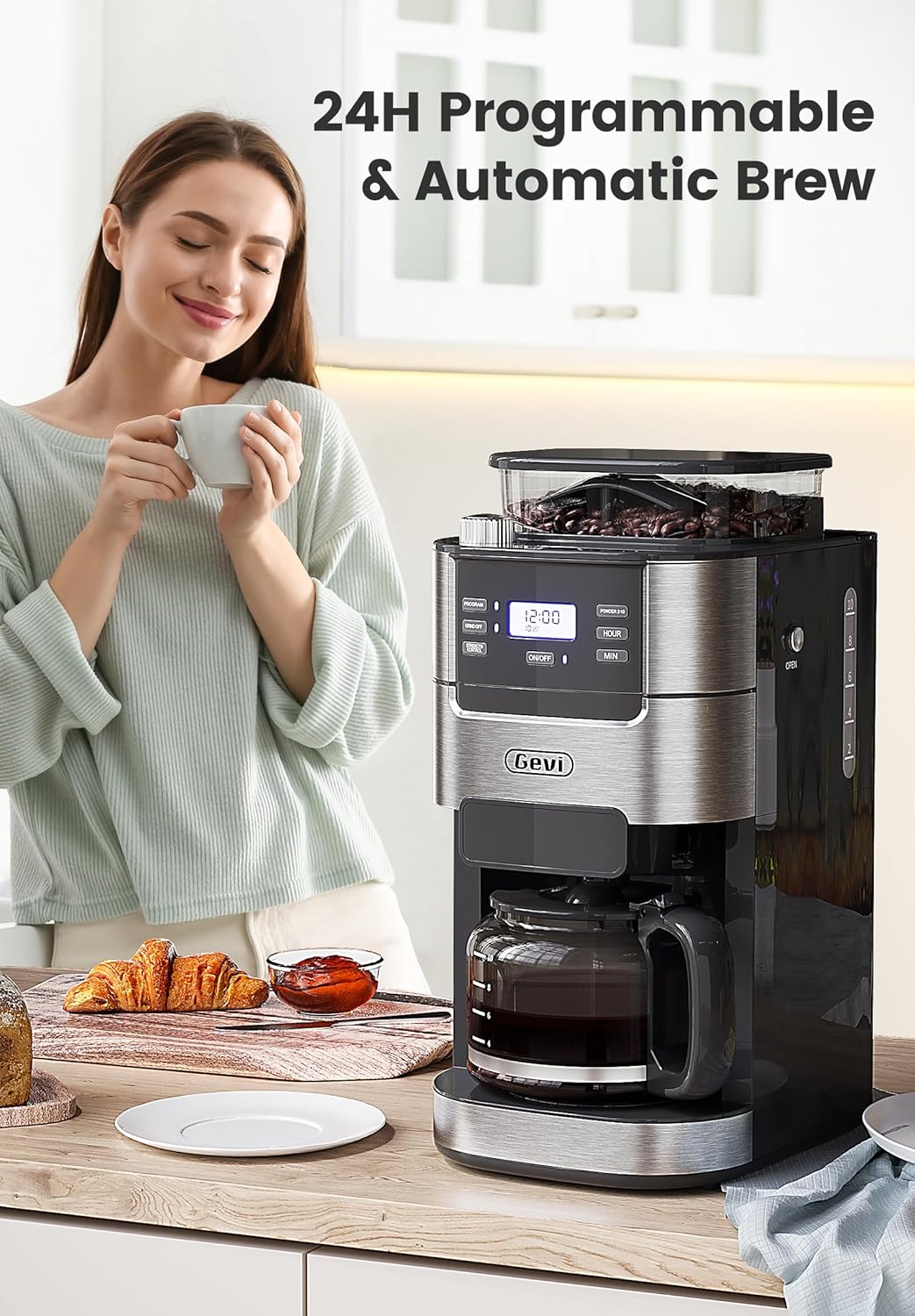 Cafetière Gevi 10 tasses avec moulin, infusion programmable, réservoir d'eau de 1,5 l, machine à café Keep Warm et moulin à bavures