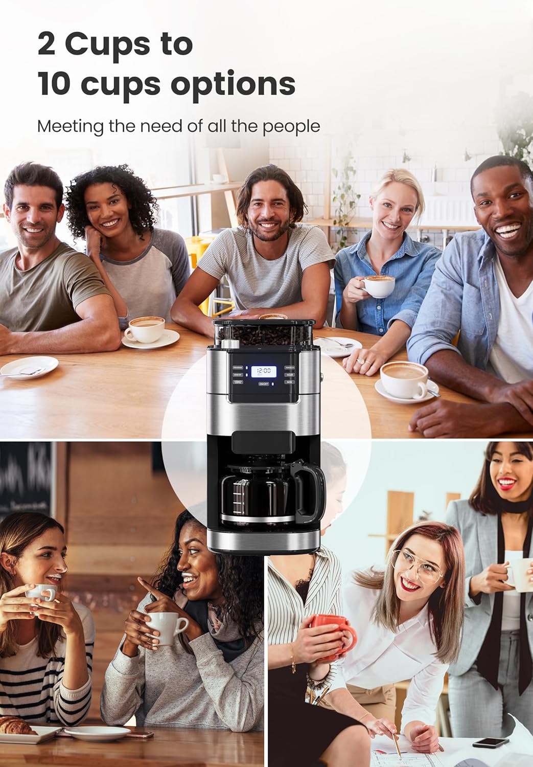 Cafetière Gevi 10 tasses avec moulin, infusion programmable, réservoir d'eau de 1,5 l, machine à café Keep Warm et moulin à bavures