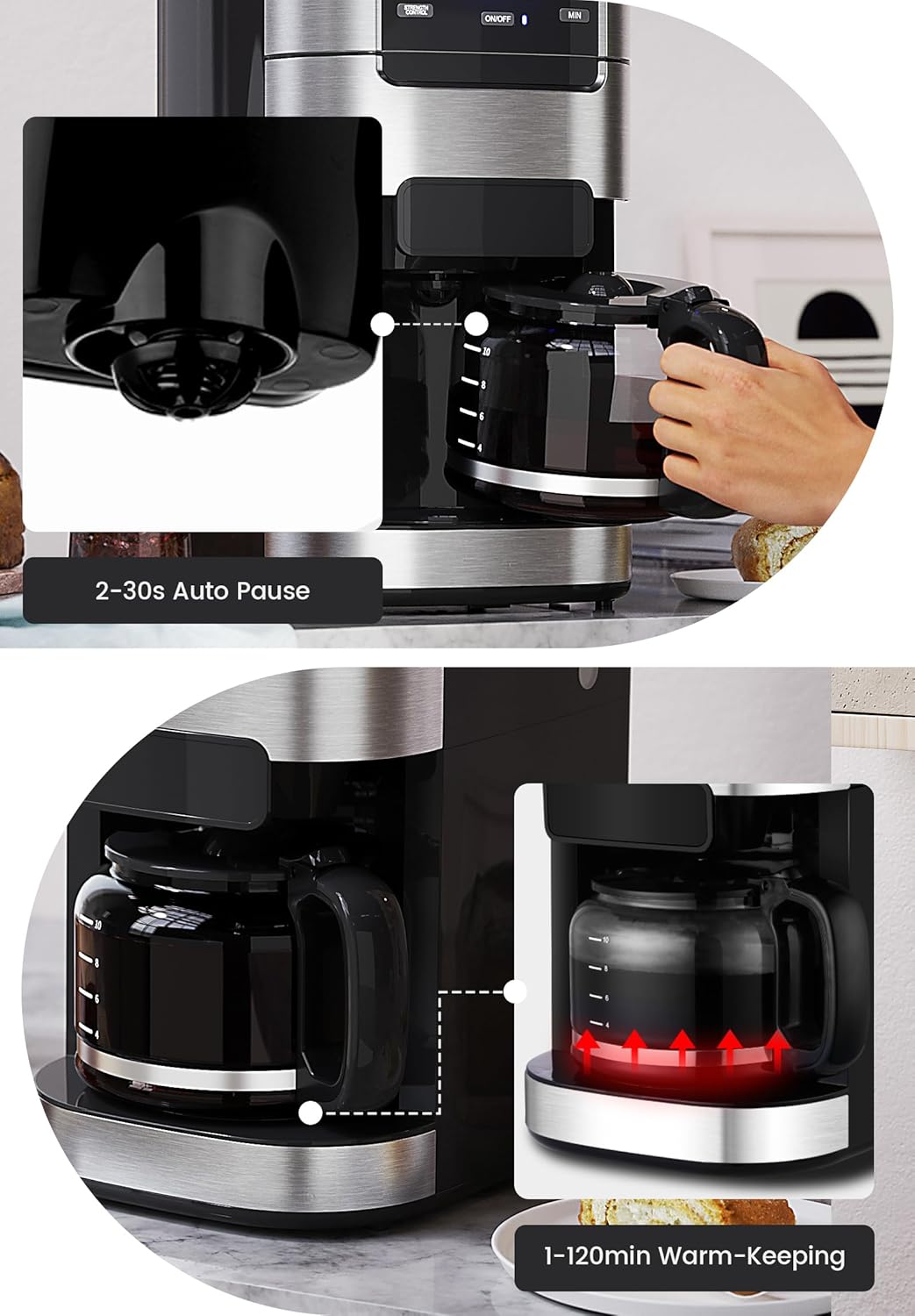 Cafetière Gevi 10 tasses avec moulin, infusion programmable, réservoir d'eau de 1,5 l, machine à café Keep Warm et moulin à bavures