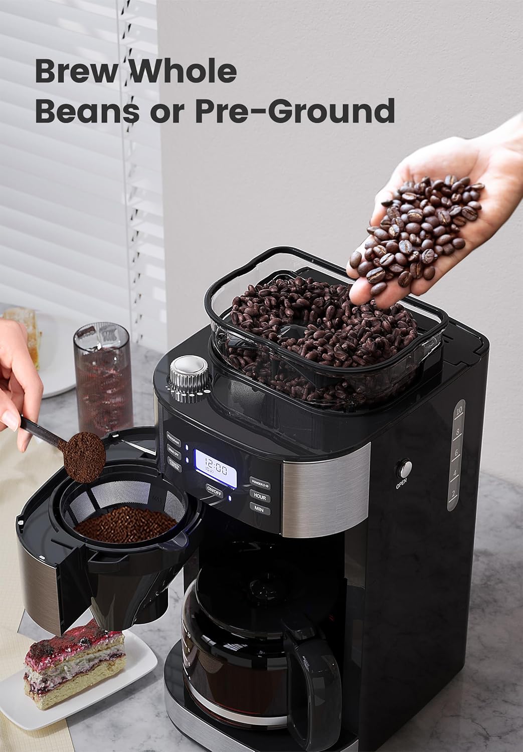 Cafetière Gevi 10 tasses avec moulin, infusion programmable, réservoir d'eau de 1,5 l, machine à café Keep Warm et moulin à bavures