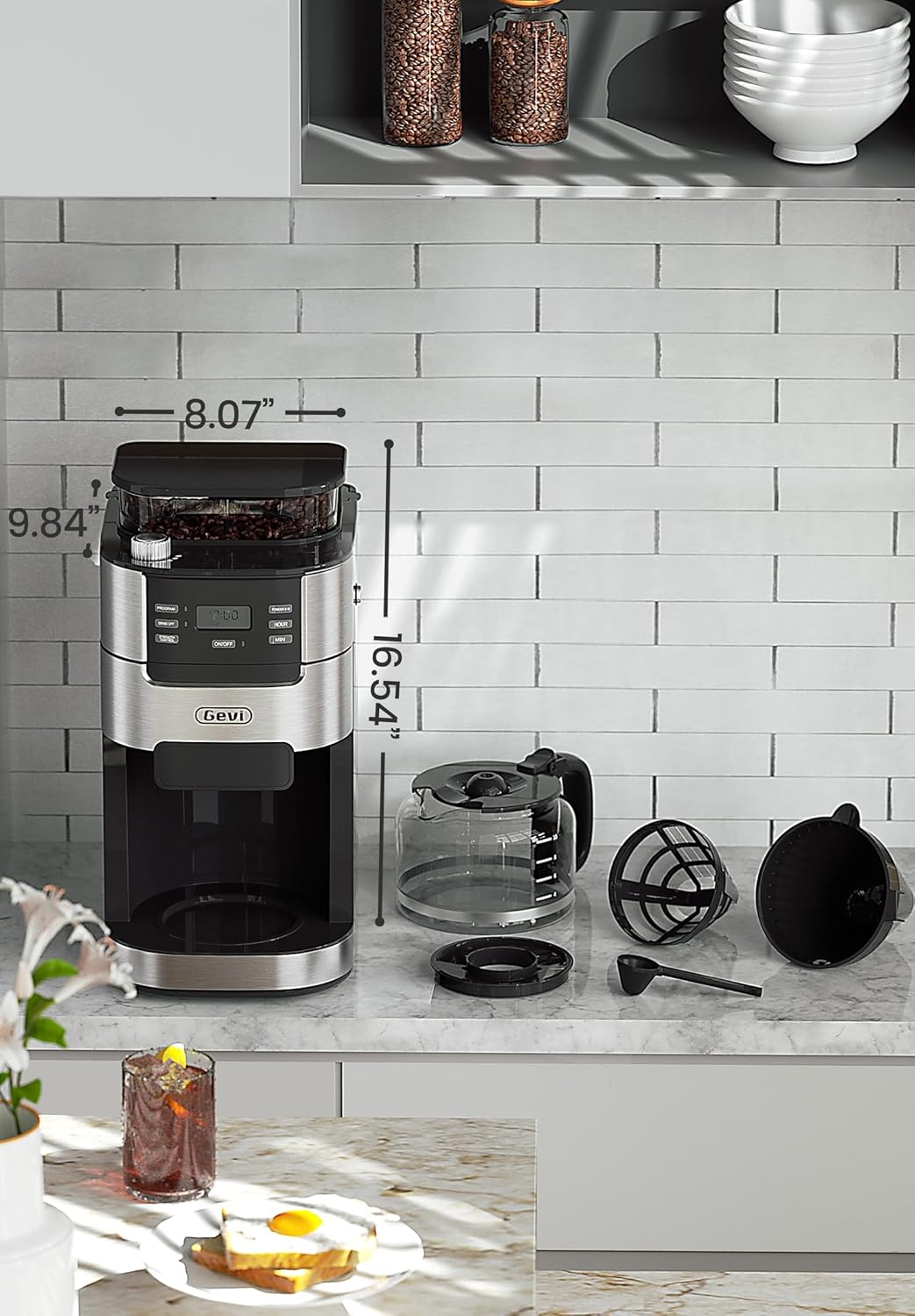 Cafetière Gevi 10 tasses avec moulin, infusion programmable, réservoir d'eau de 1,5 l, machine à café Keep Warm et moulin à bavures