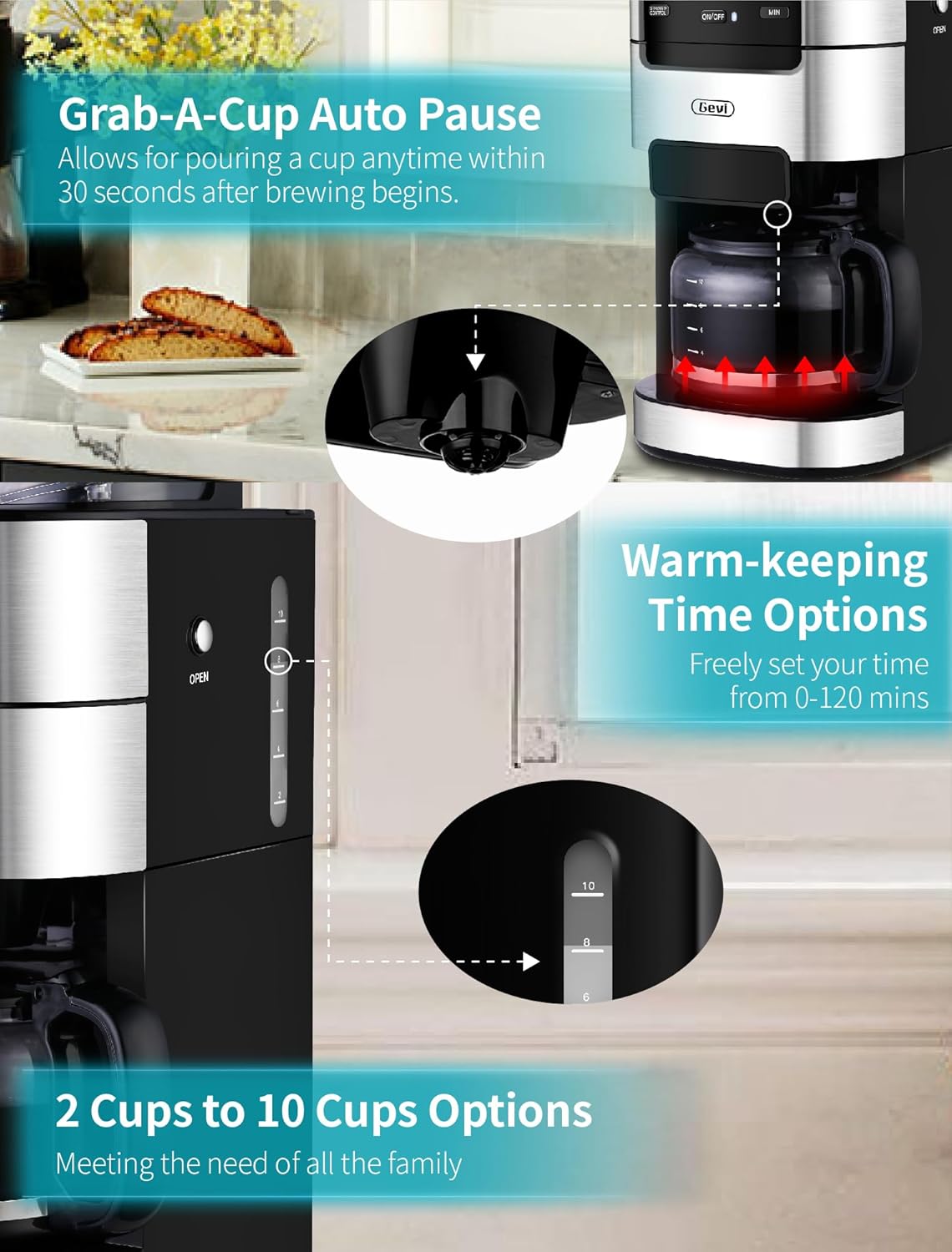 Cafetière Gevi 10 tasses avec moulin, infusion programmable, réservoir d'eau de 1,5 l, machine à café Keep Warm et moulin à bavures
