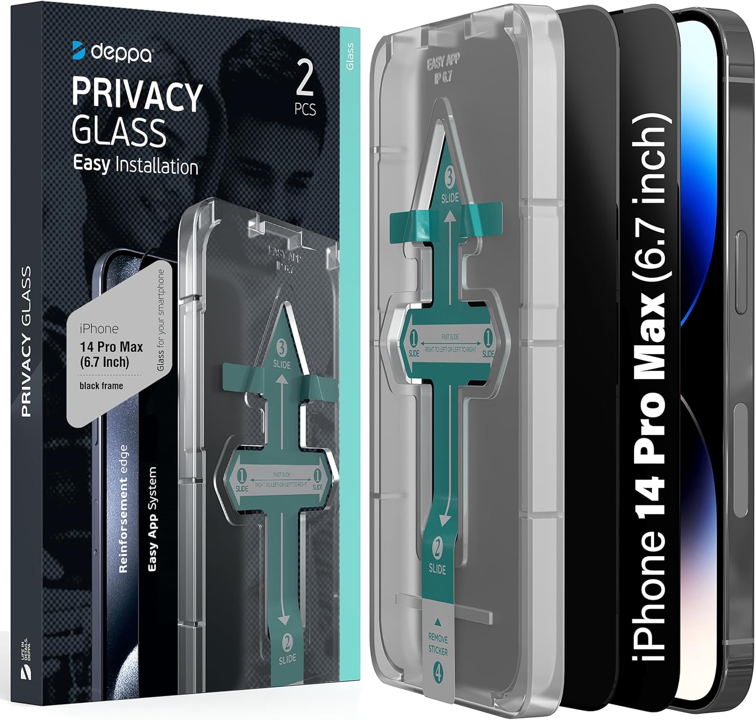 Deppa [2 Pack Premium Privacy Screen Protector do Iphone 14 Pro Max (6.7) Szkło hartowane 3D od krawędzi do krawędzi Pełna pokrywa z łatwą instalacją tacą na zestaw - antyszpiegowska, prywatna, ciemna, czarna folia