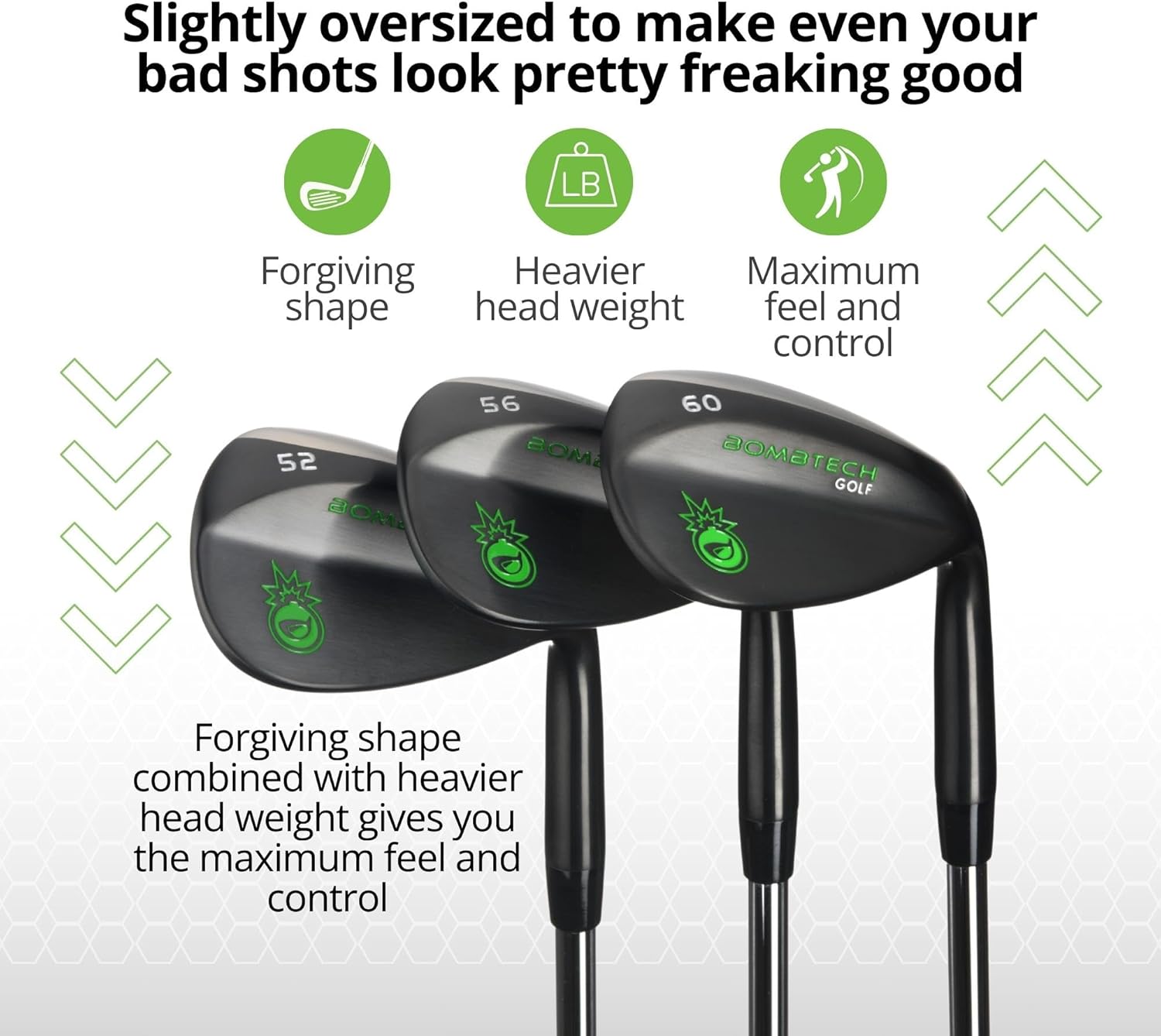 BombTech - Set di cunei da golf premium - cunei da golf a 52, 56, 60 gradi - Max Groove per una maggiore rotazione - Zeppe nere...