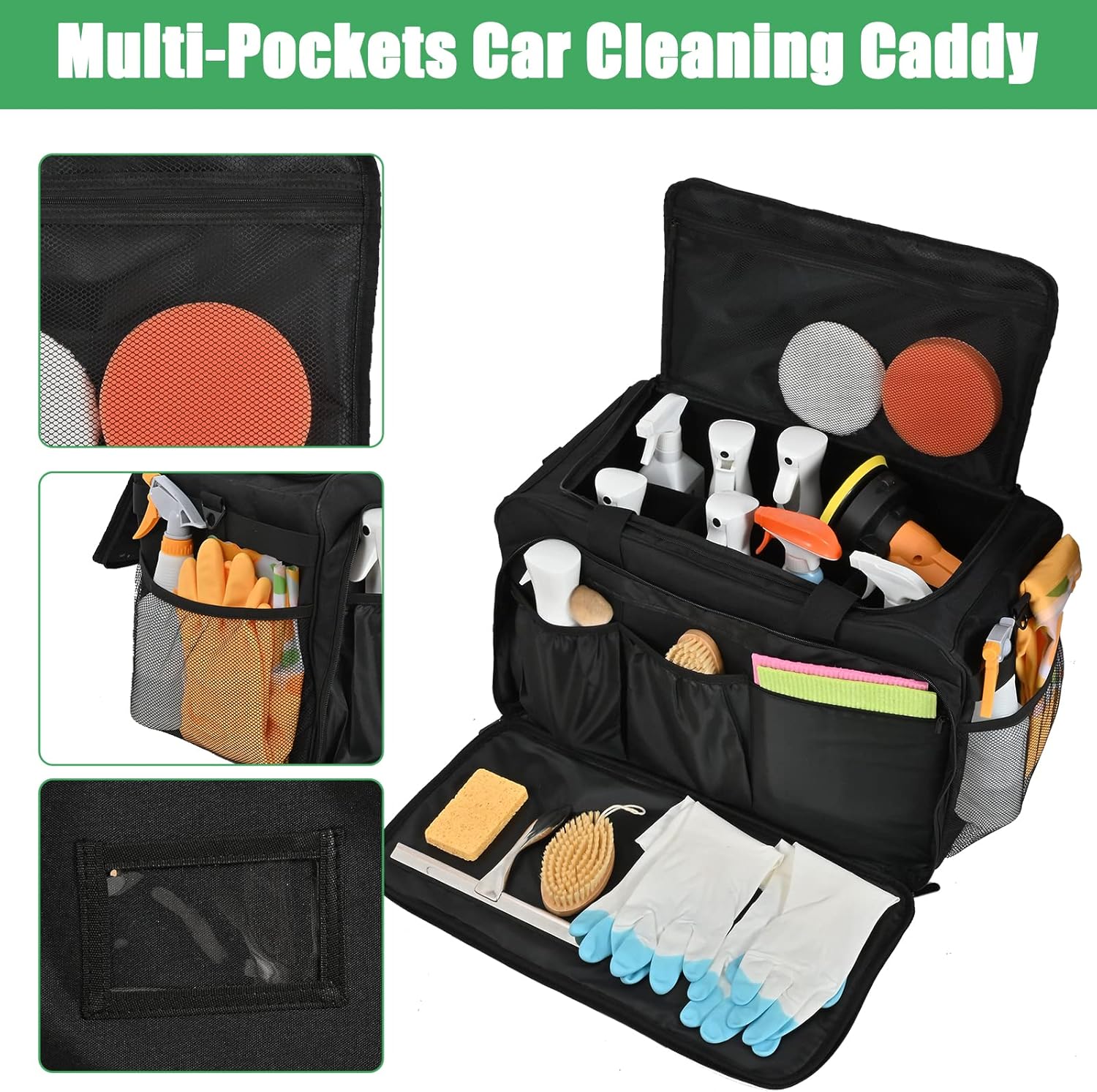 Extra Large Car Detailing Bag, Cleaning Caddy for Auto Detailing Supplies, Car Cleaning Storage Trunk Organizer for Polisher and Vehicle Wash Tools, Black · v3