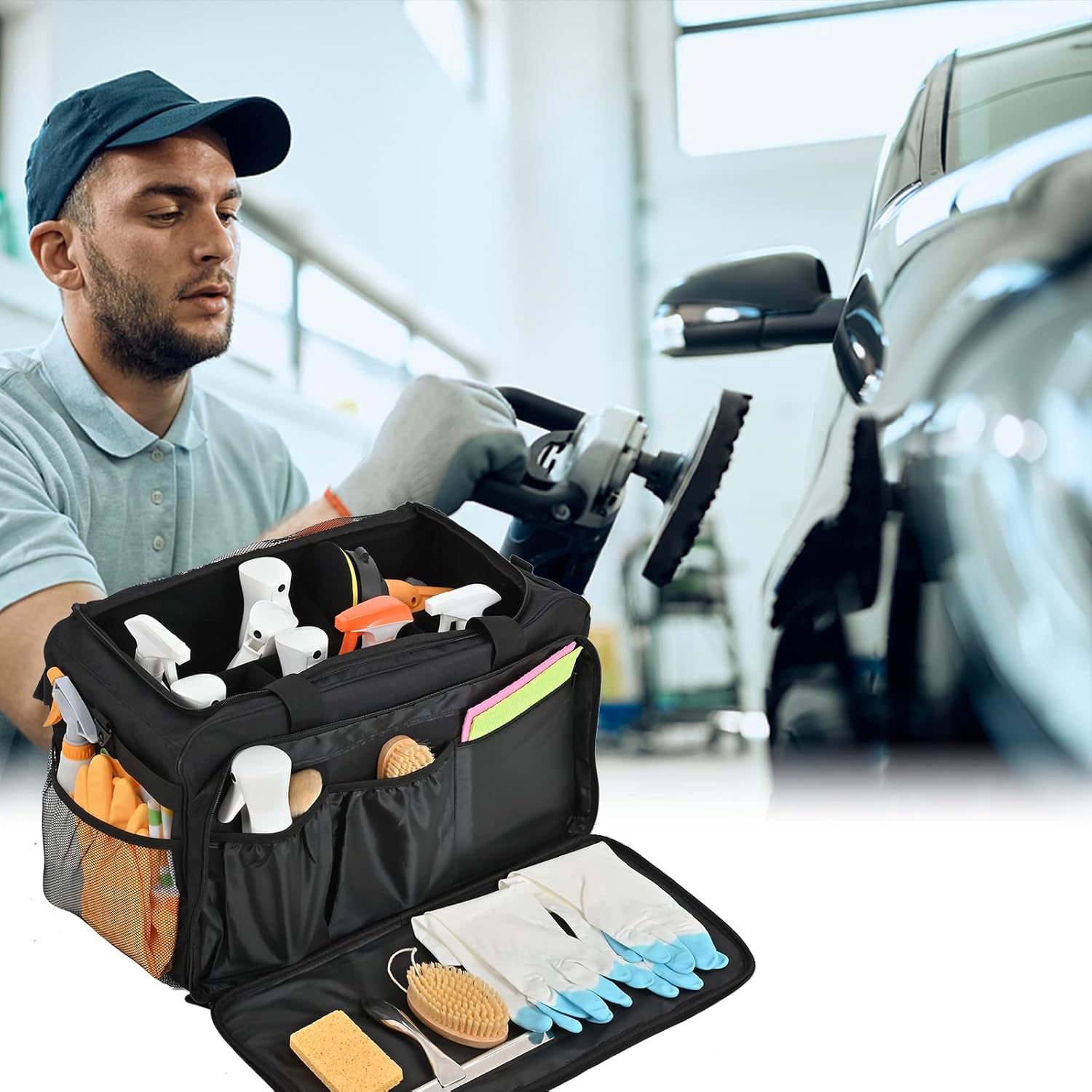 Extra Large Car Detailing Bag, Cleaning Caddy for Auto Detailing Supplies, Car Cleaning Storage Trunk Organizer for Polisher and Vehicle Wash Tools, Black · v3