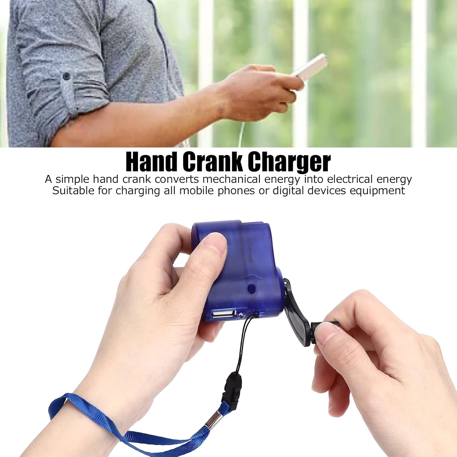 RTLR Hand Crank Charger, Emergency Supplies, Hand Crank USB Phone Charger, Compact DC 5.5V 600mA Hand Crank Backup Charger Hand Crank Generator (Blue)