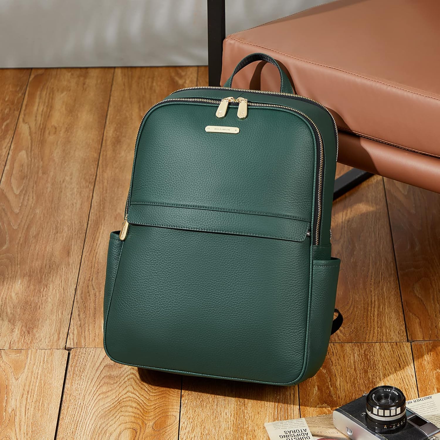 BOSTANTEN 15,6-Zoll-Laptop-Rucksack aus echtem Leder, Geldbörse für Damen, College-Freizeitrucksack, Reisetasche