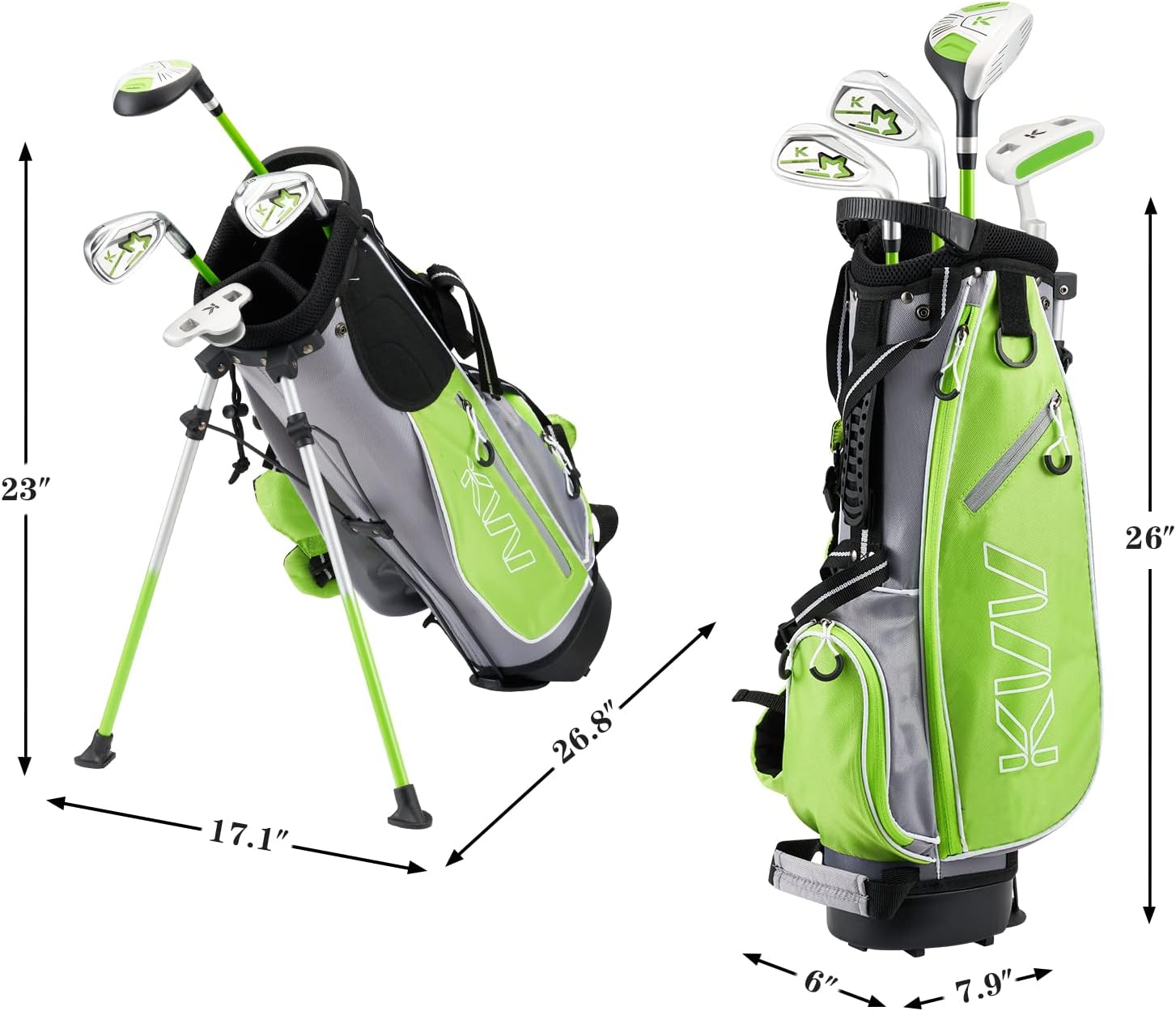 KVV Junior Komple Golf Kulübü Seti Çocuklar/Çocuklar İçin Sağ El, Büyük Boy Sürücü, Ütüler, Sopalar, Kafa Örtüsü, Taşınabilir Golf Standı Çantası Dahil