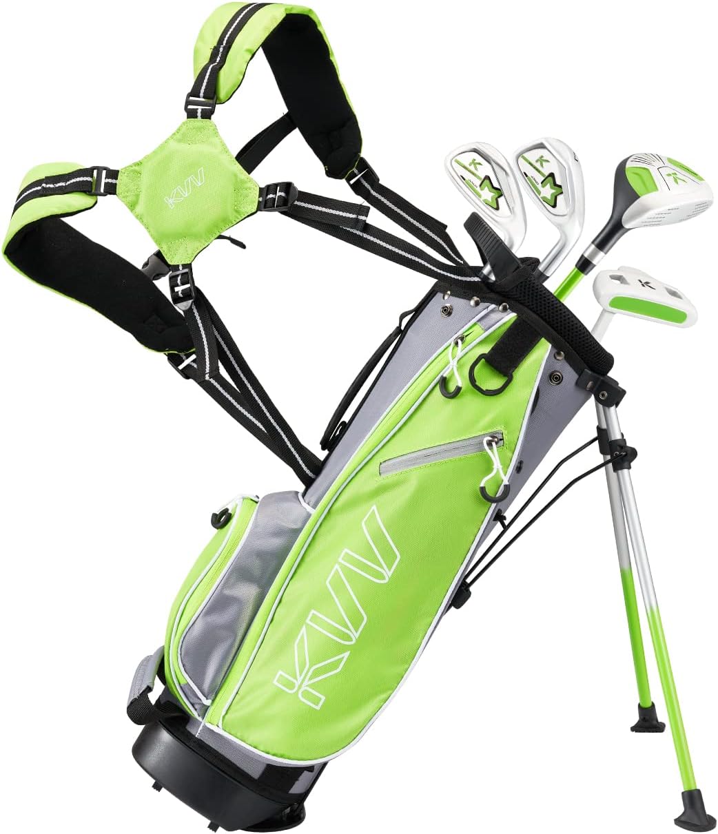 KVV Junior Komple Golf Kulübü Seti Çocuklar/Çocuklar İçin Sağ El, Büyük Boy Sürücü, Ütüler, Sopalar, Kafa Örtüsü, Taşınabilir Golf Standı Çantası Dahil