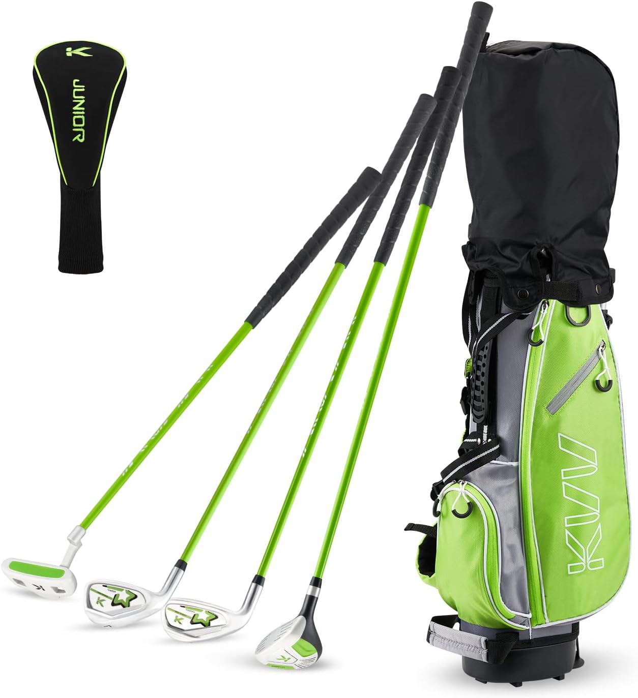 KVV Junior Komple Golf Kulübü Seti Çocuklar/Çocuklar İçin Sağ El, Büyük Boy Sürücü, Ütüler, Sopalar, Kafa Örtüsü, Taşınabilir Golf Standı Çantası Dahil