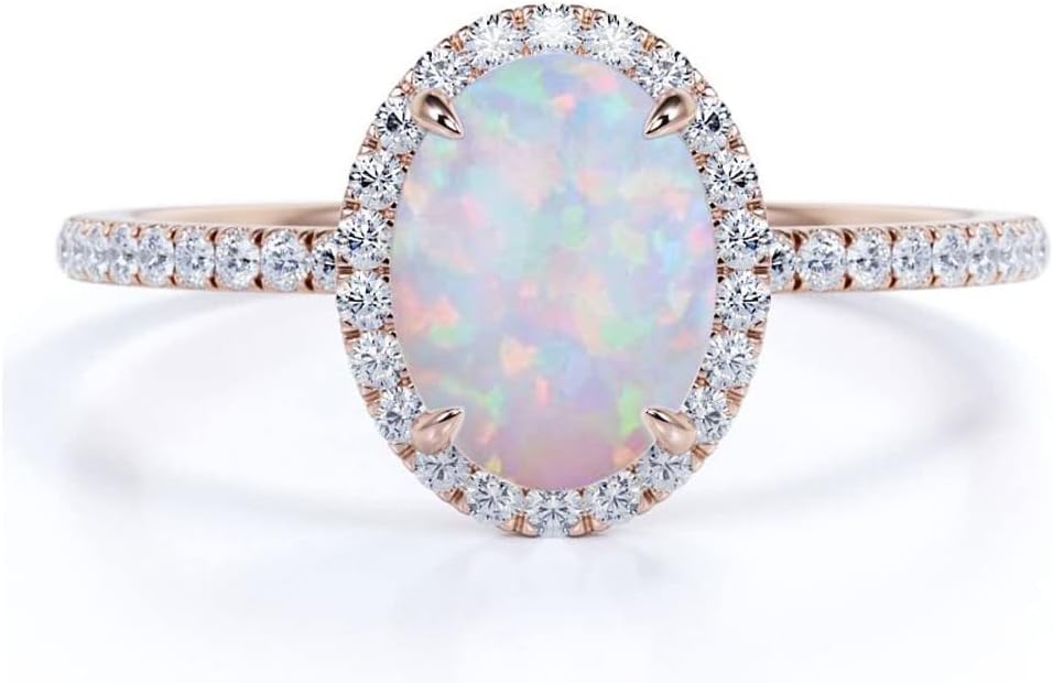 10K 14K 18K Gold Opal and Diamond Engagement Rings for Women Simulated Opal and Real Diamond Rings for Her (G-H Color, I2-I3 Clarity) · v2