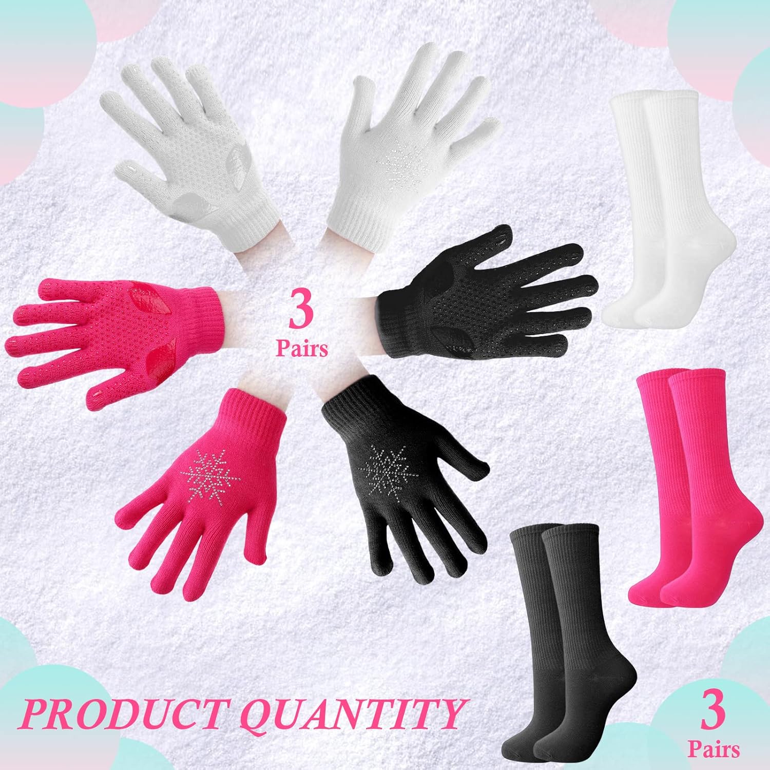 Hicarer 6 Pairs Figure Skating Gloves Socks Set Ice Skating Socks Anti Slip Gloves with Rhinestone Snowflakes Winter Gloves