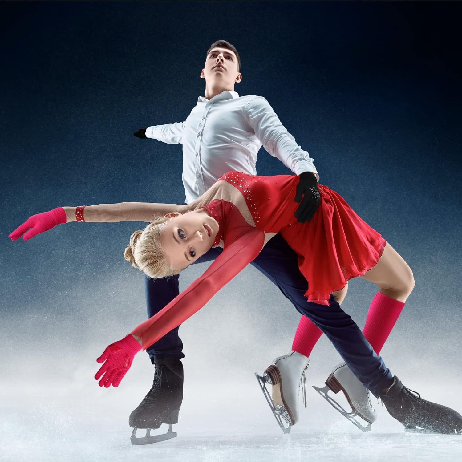 Hicarer 6 Pairs Figure Skating Gloves Socks Set Ice Skating Socks Anti Slip Gloves with Rhinestone Snowflakes Winter Gloves