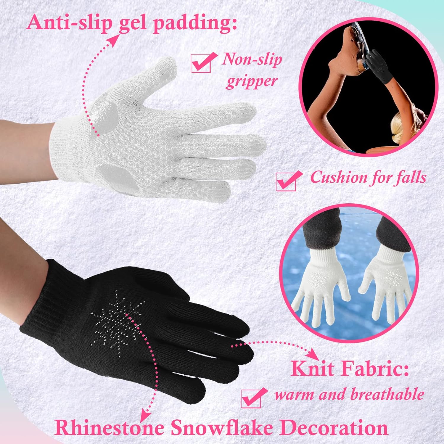 Hicarer 6 Pairs Figure Skating Gloves Socks Set Ice Skating Socks Anti Slip Gloves with Rhinestone Snowflakes Winter Gloves