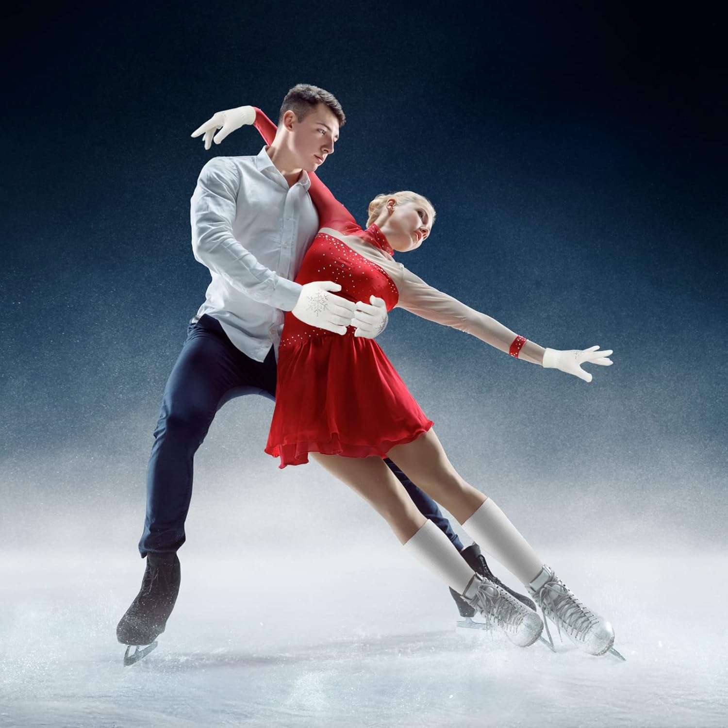 Hicarer 6 Pairs Figure Skating Gloves Socks Set Ice Skating Socks Anti Slip Gloves with Rhinestone Snowflakes Winter Gloves