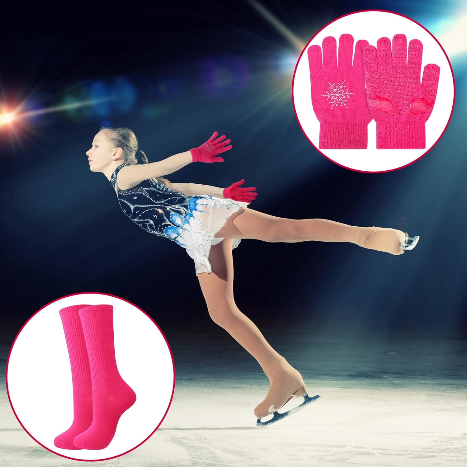 Hicarer 6 Pairs Figure Skating Gloves Socks Set Ice Skating Socks Anti Slip Gloves with Rhinestone Snowflakes Winter Gloves