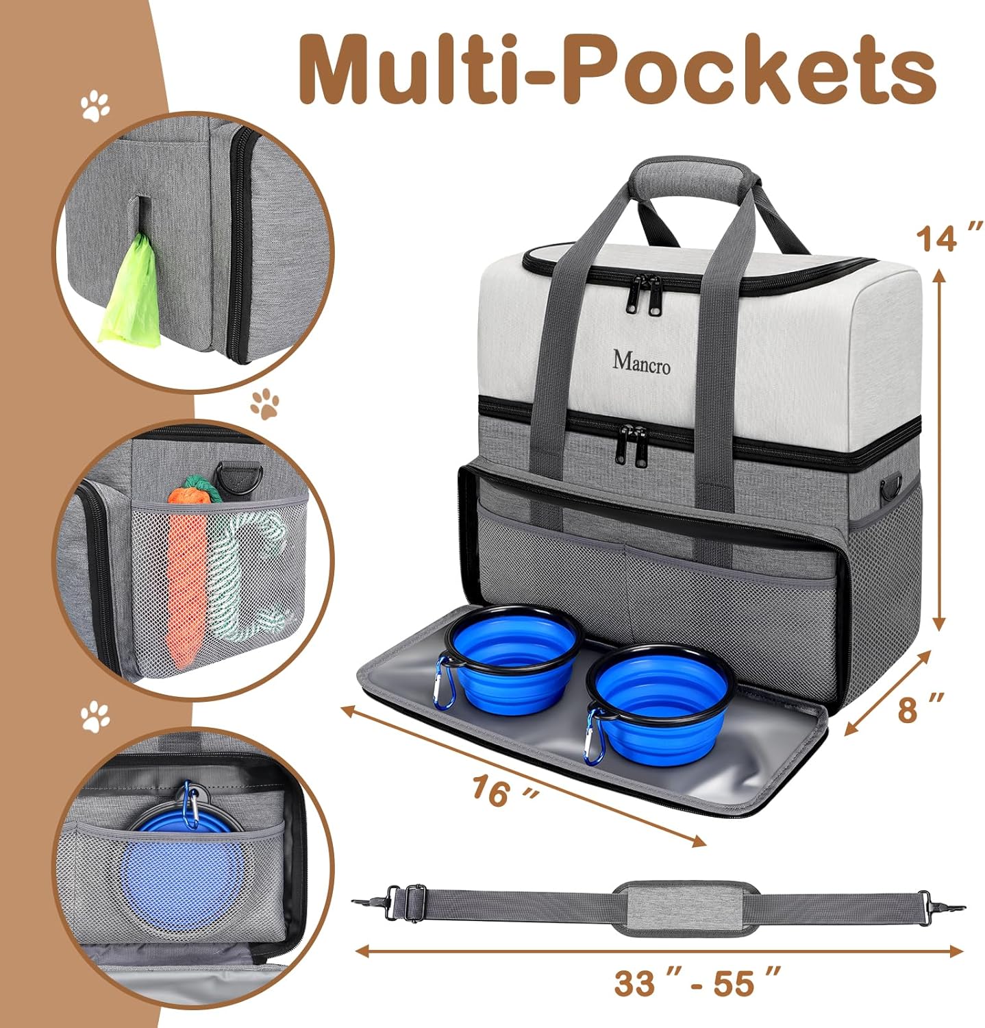 Mancro Dual Layers Dog Travel Bag, Pet Travel Bags with 2 Extra Large Food Containers, 2 Collapsible Dog Bowls, Multi-Pockets Tote Organizer for Dog Supplies, Dog Road Trip Essentials, Weekend Camping · v7