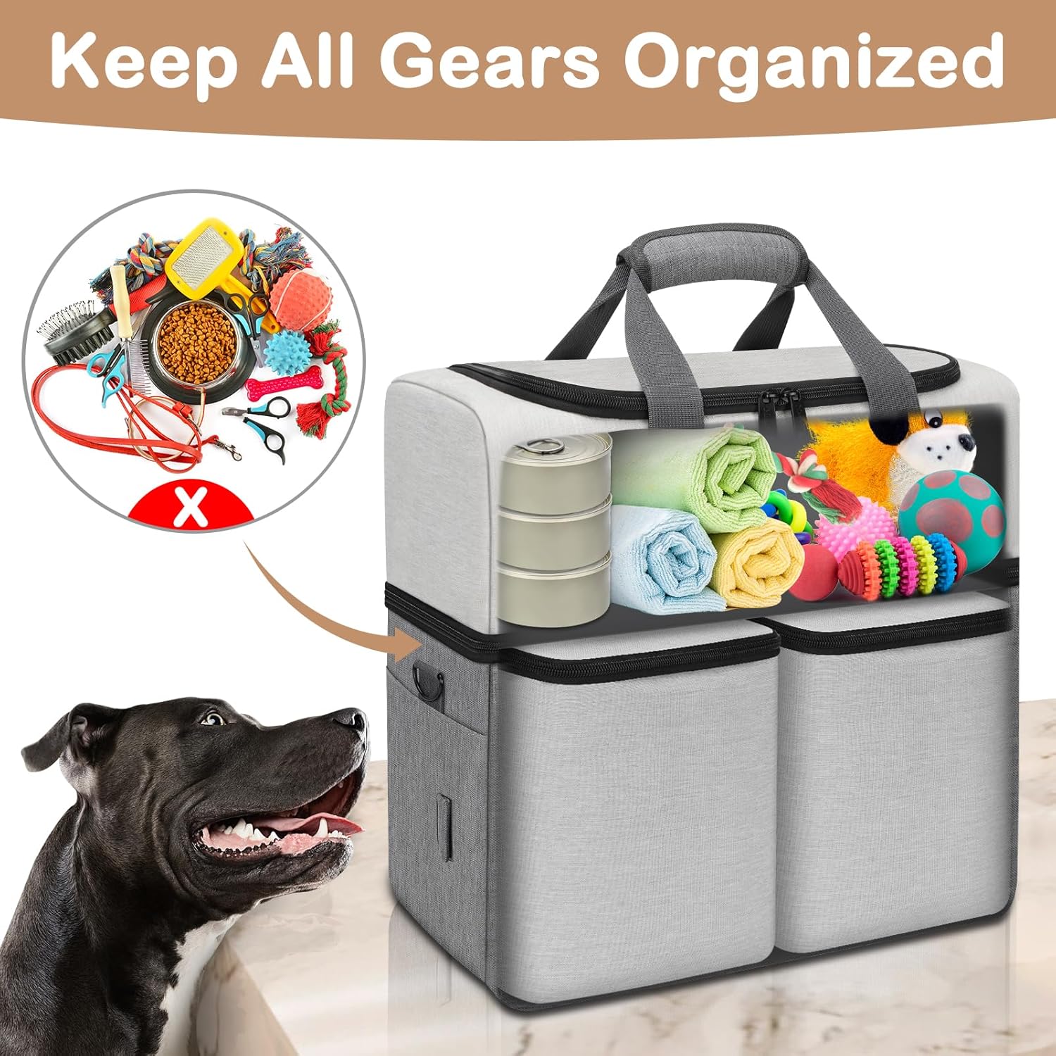 Mancro Dual Layers Dog Travel Bag, Pet Travel Bags with 2 Extra Large Food Containers, 2 Collapsible Dog Bowls, Multi-Pockets Tote Organizer for Dog Supplies, Dog Road Trip Essentials, Weekend Camping · v7