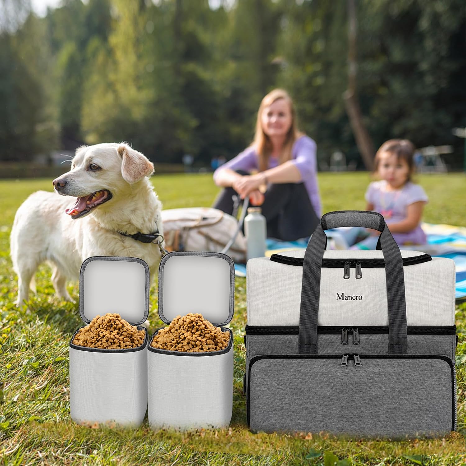 Mancro Dual Layers Dog Travel Bag, Pet Travel Bags with 2 Extra Large Food Containers, 2 Collapsible Dog Bowls, Multi-Pockets Tote Organizer for Dog Supplies, Dog Road Trip Essentials, Weekend Camping · v7