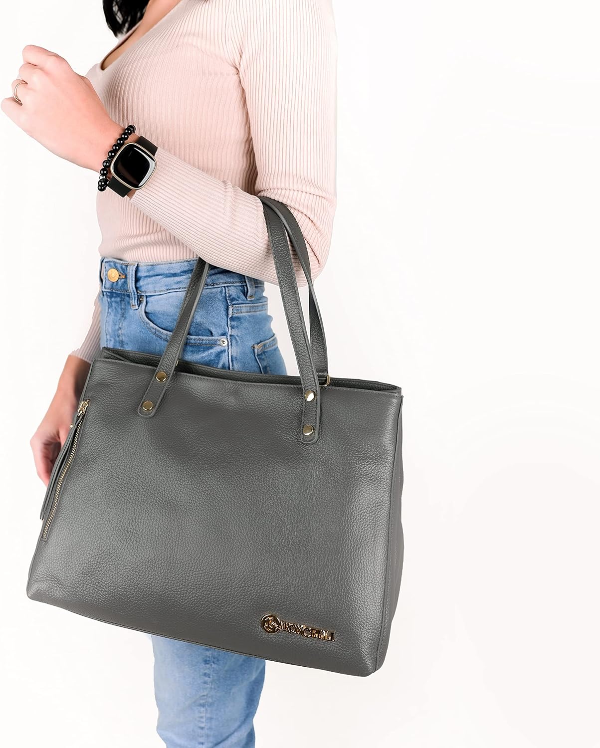 Tas Tote Kulit Besar Baroncelli Kulit Asli Italia Berkerikil Dirancang dan Dibuat di Italia