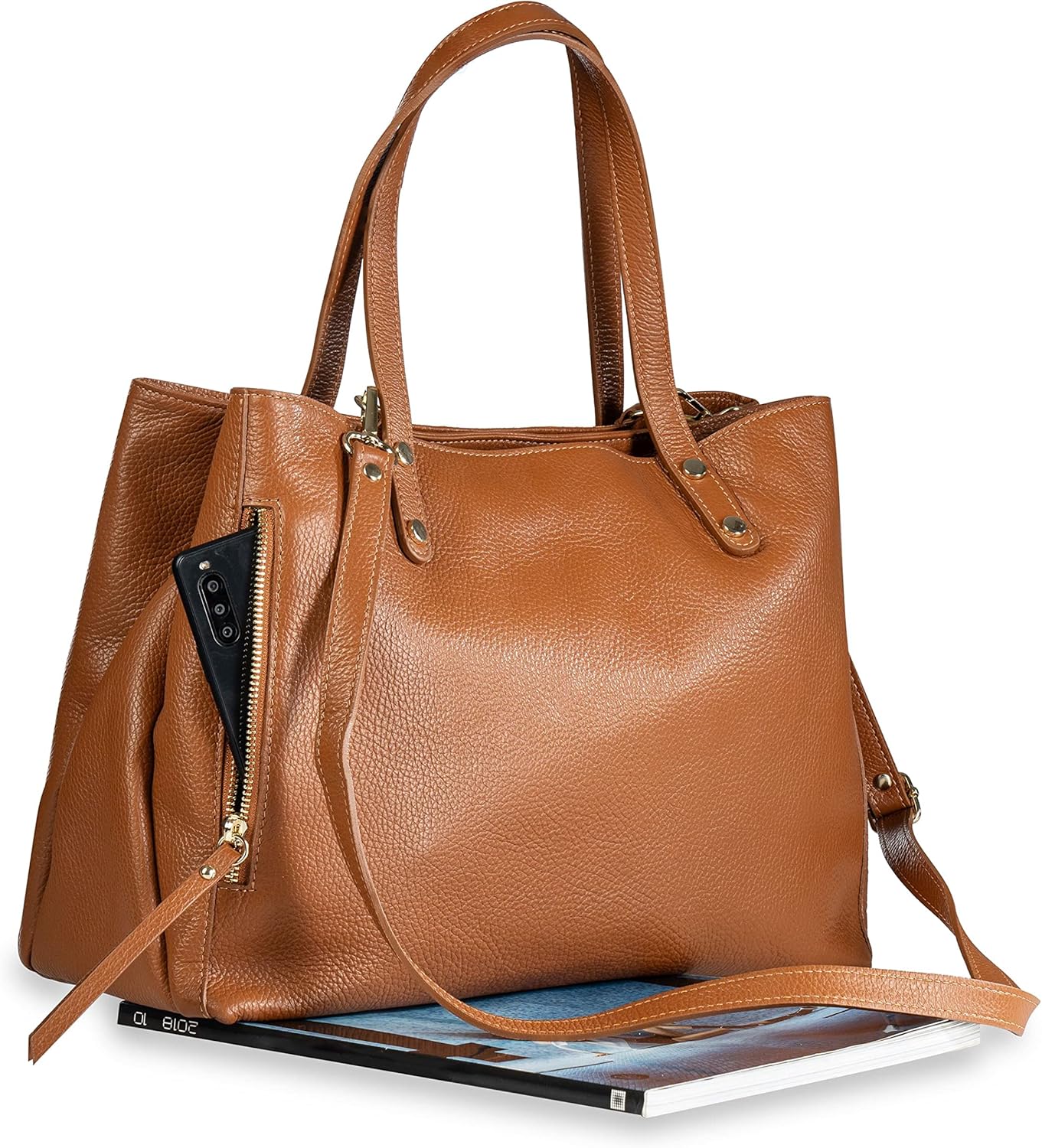 Baroncelli Large Leather Tote Bag Genuine Italian Pebbled Leather Designed and Made in Italy · v6