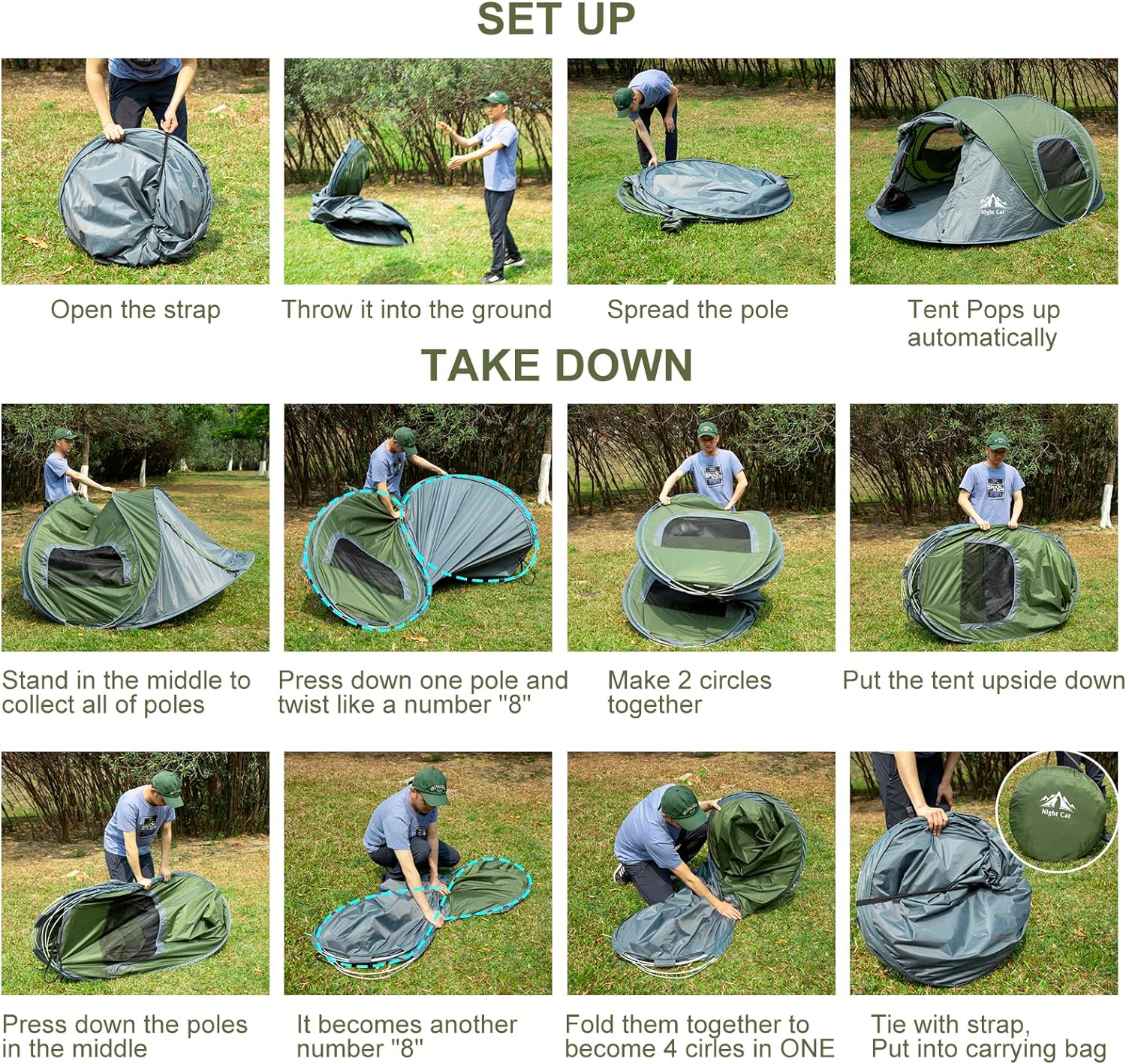 Night Cat Pop-up Camping Tent: 2 Person Tent Waterproof Instant Easy Setup Family Tent
