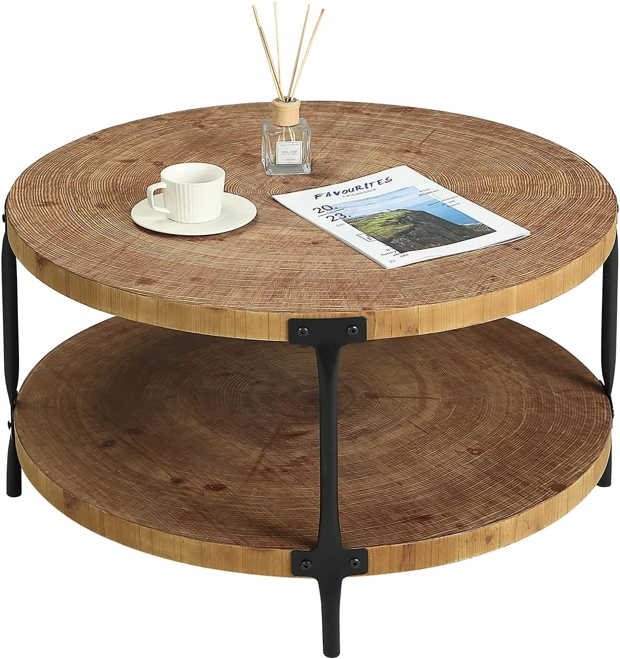 Mesita redonda de madera bohemio, 29,1 m de mesa de centro circular natural de madera tipo granja de 2 niveles, muebles de sala de estar, color madera natural, 29,1 pulgadas de profundidad x 18,3 pulgadas de alto